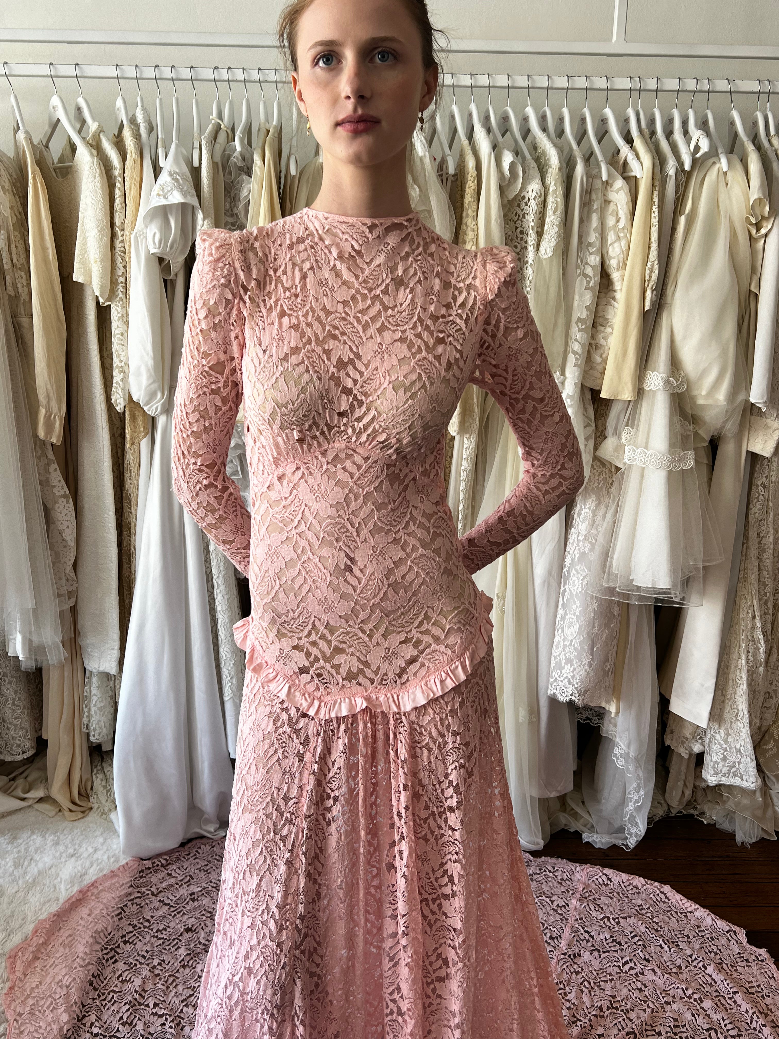 1910s Antique Pink Chantilly Lace Dress