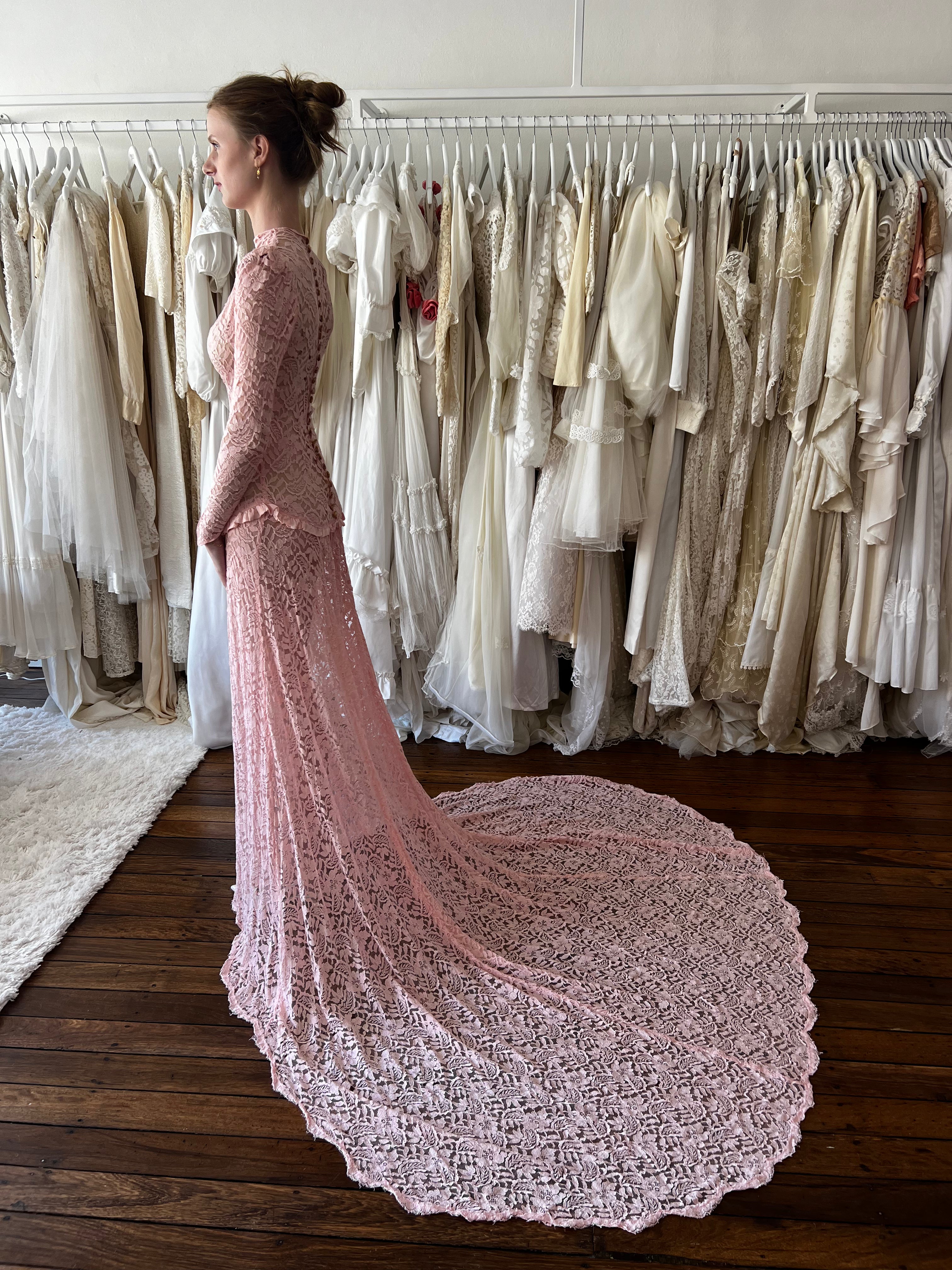 1910s Antique Pink Chantilly Lace Dress