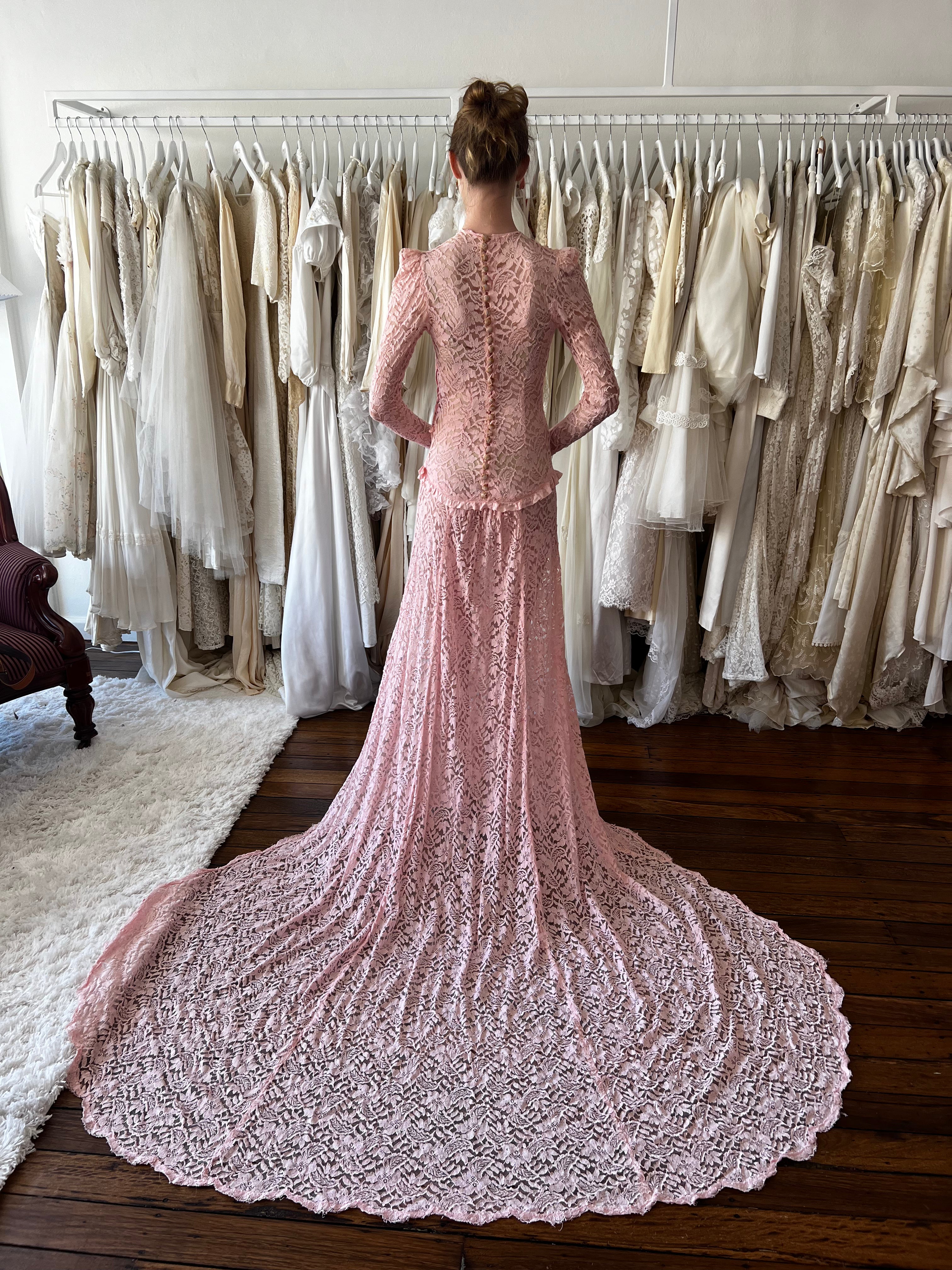 1910s Antique Pink Chantilly Lace Dress