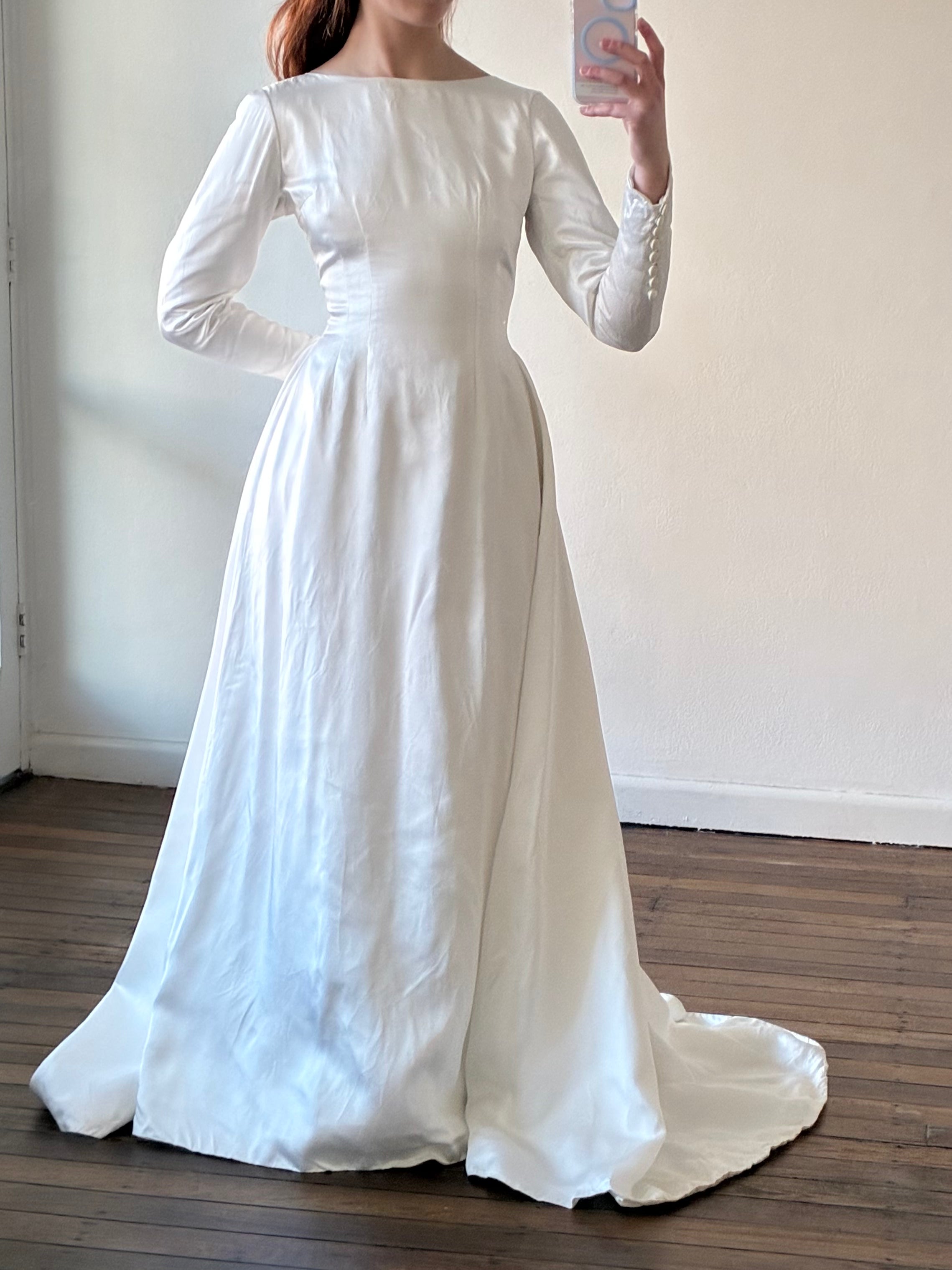 90s Classic Silk Satin Bateau Long Sleeve Dress