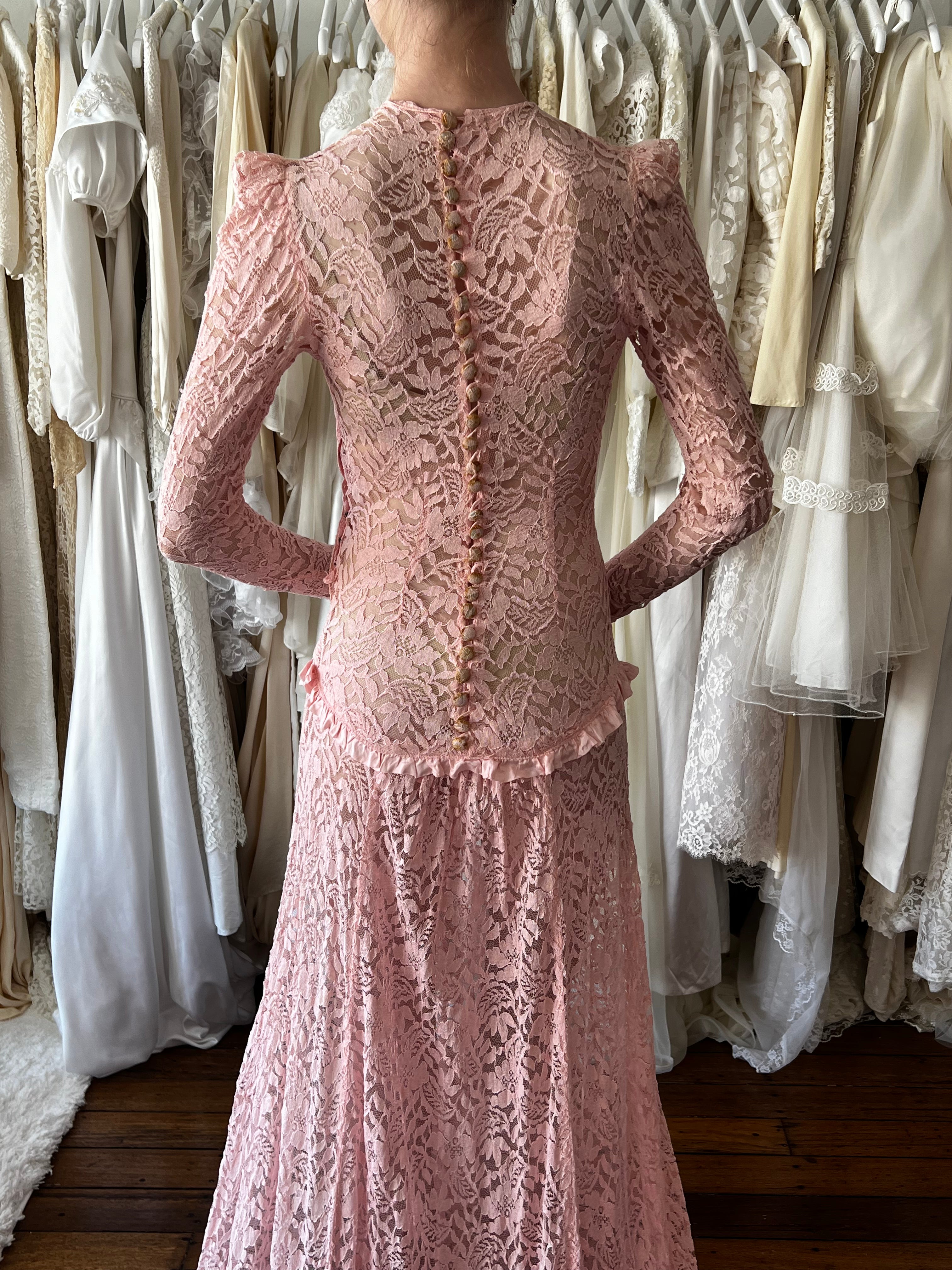 1910s Antique Pink Chantilly Lace Dress