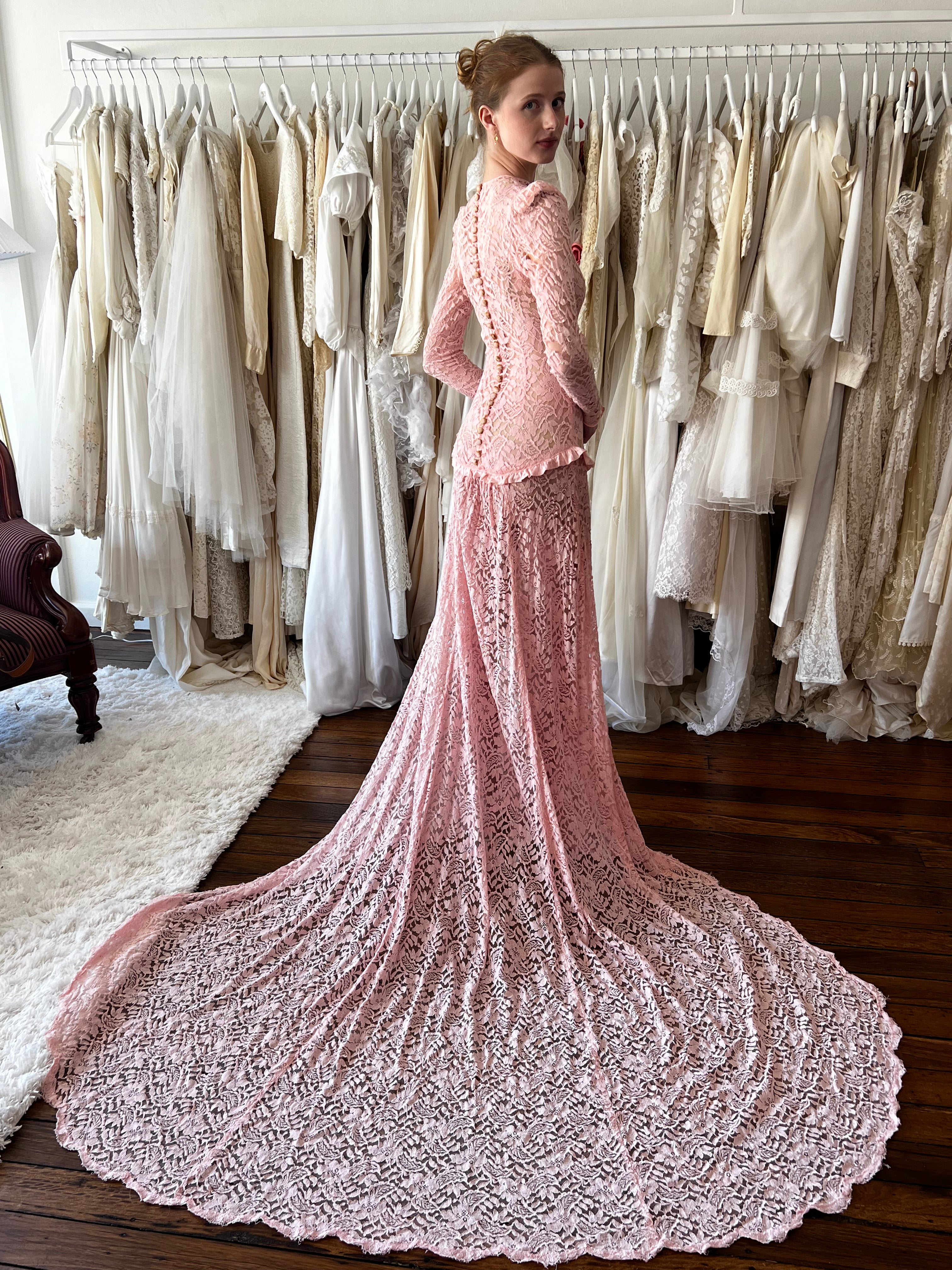 1910s Antique Pink Chantilly Lace Dress