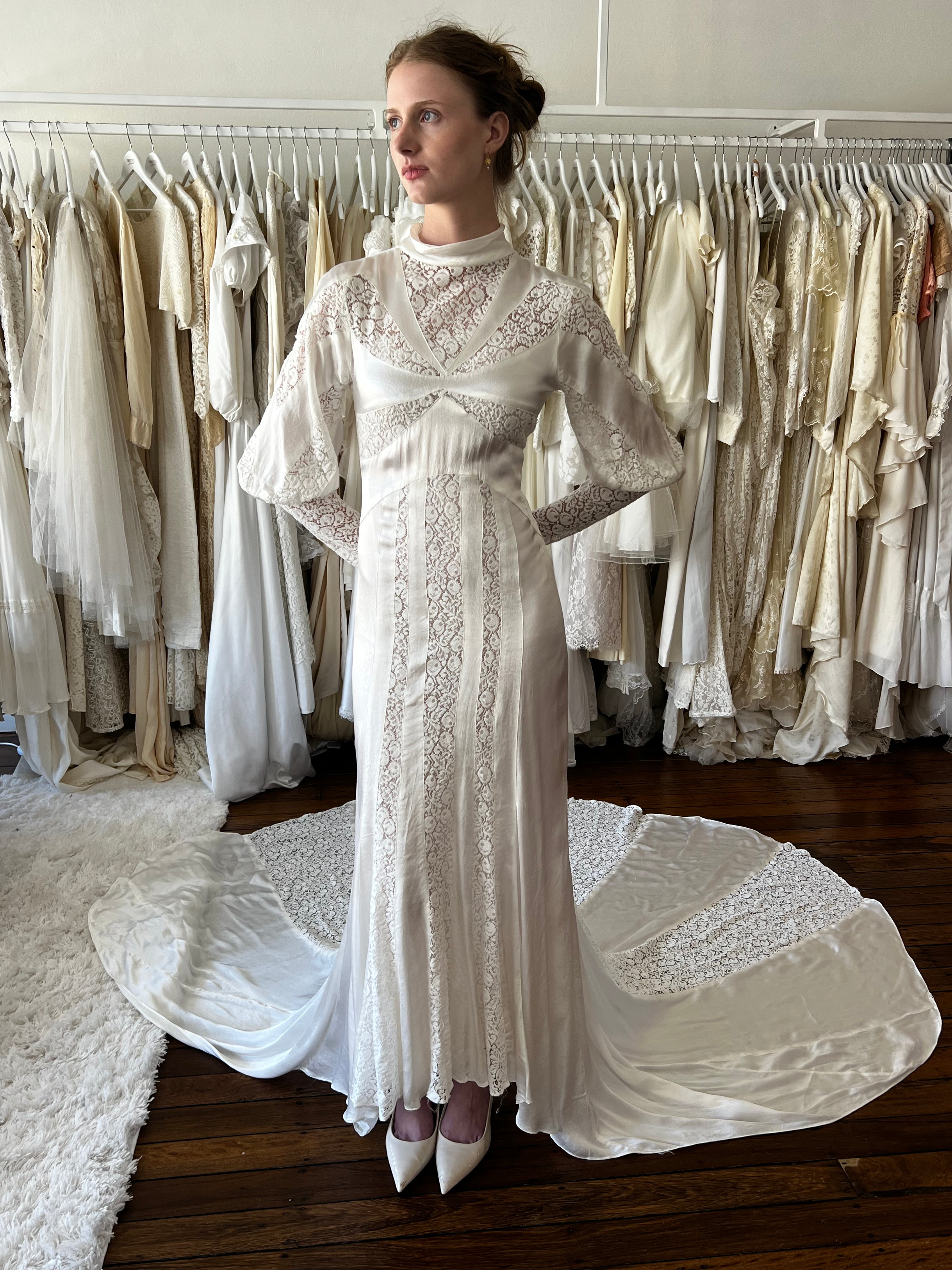 30s Silk and Lace Panel Art Deco Dress