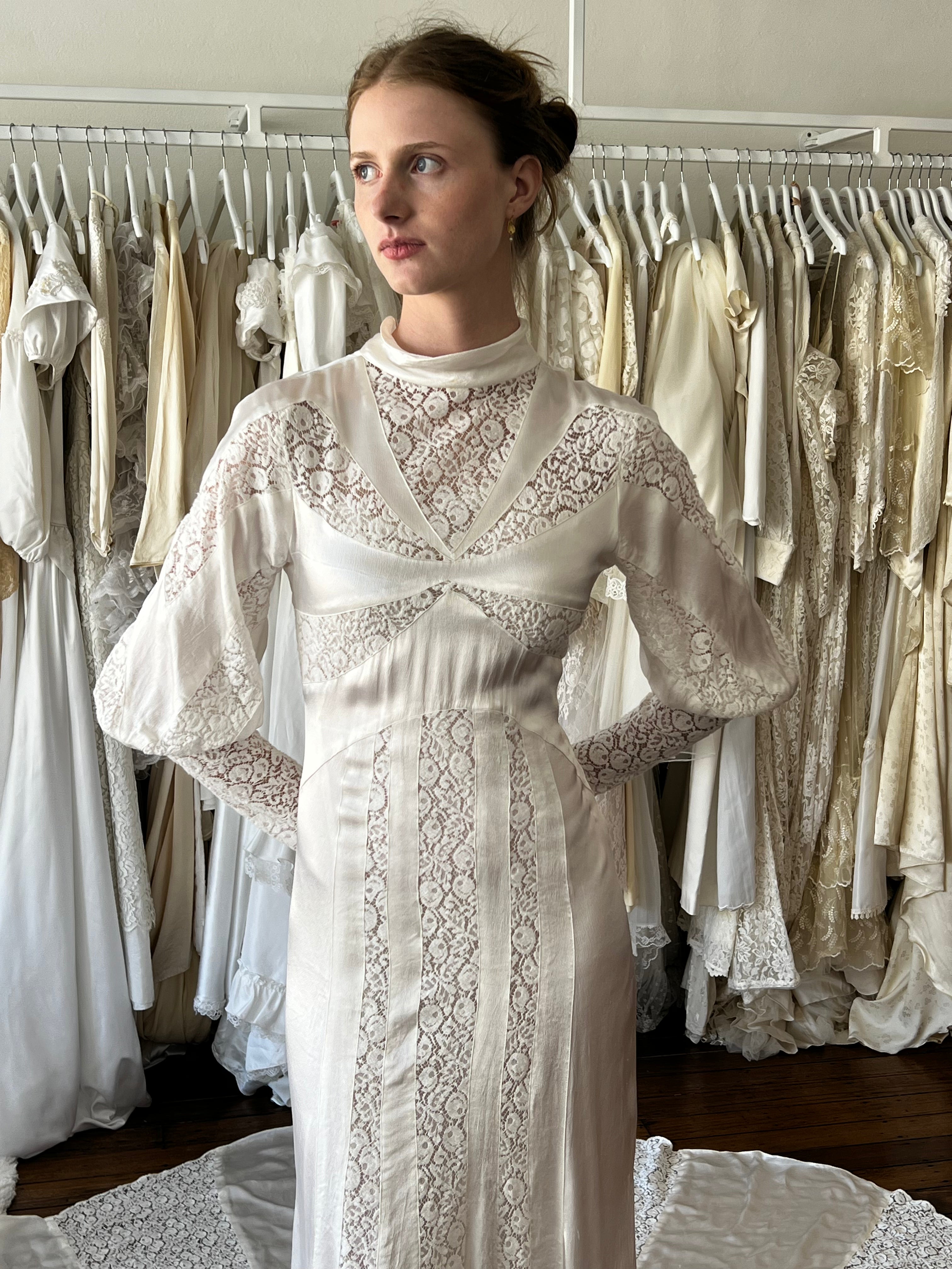 30s Silk and Lace Panel Art Deco Dress