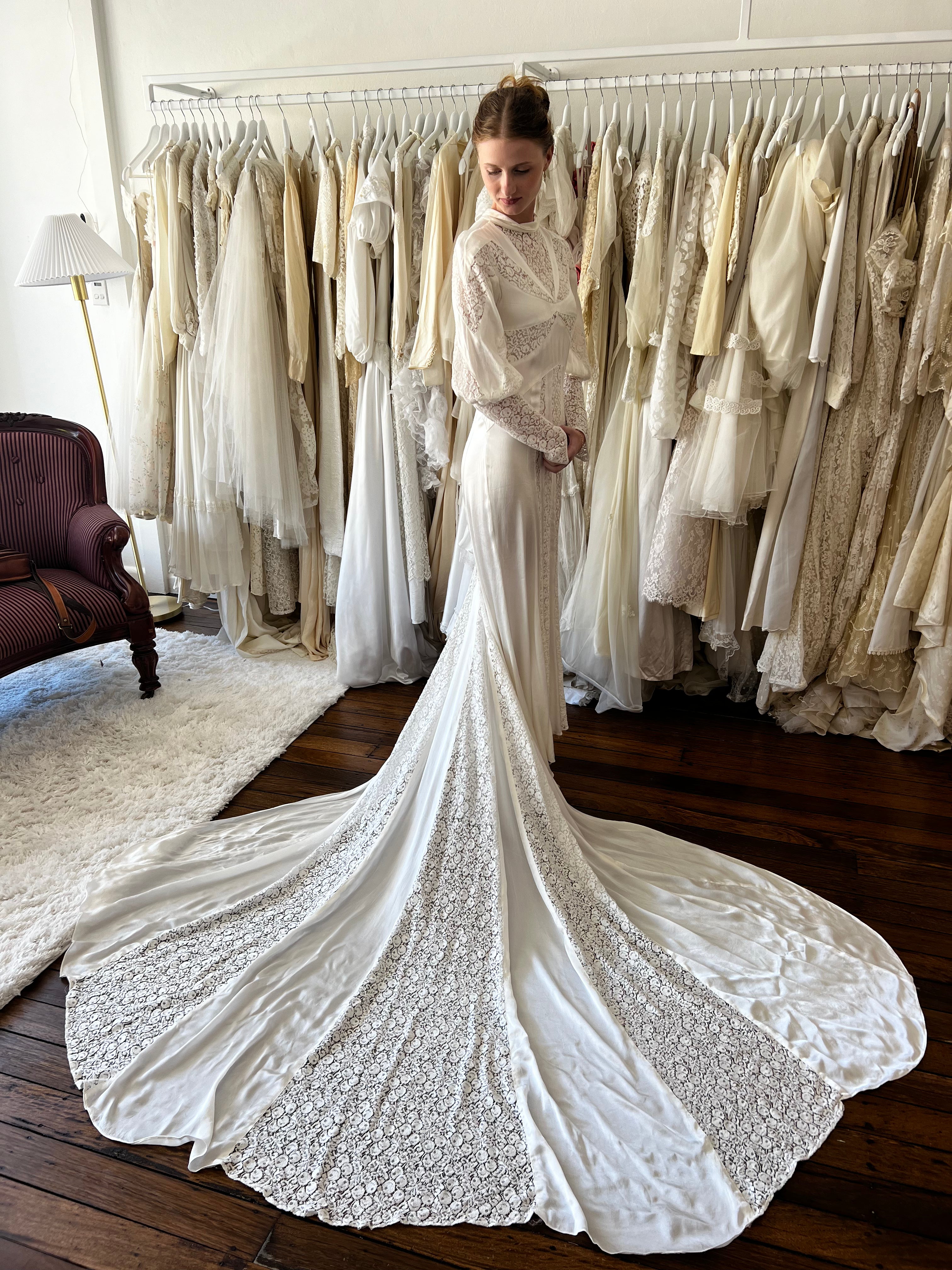 30s Silk and Lace Panel Art Deco Dress