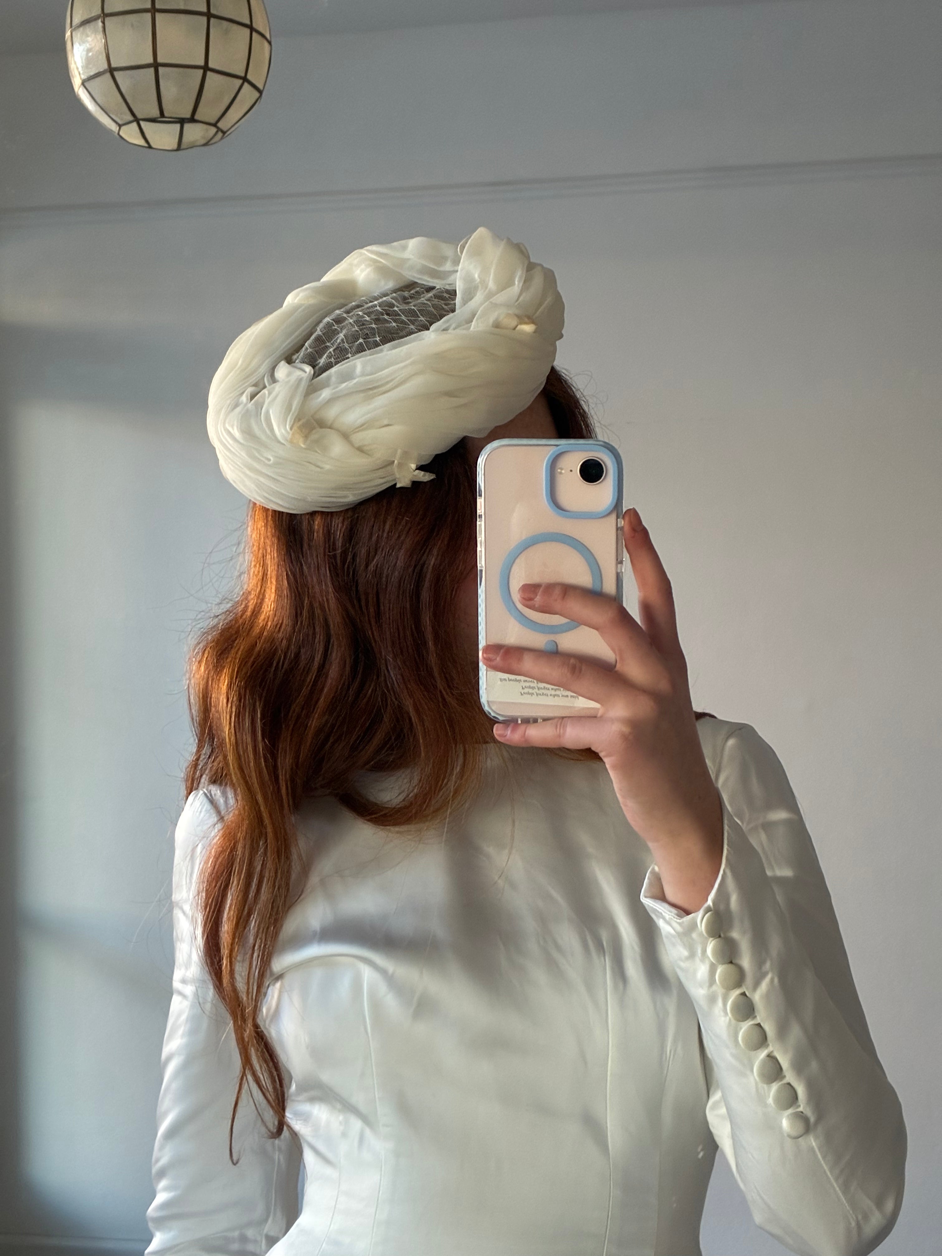 60s Pleated Chiffon Pill Box Hat