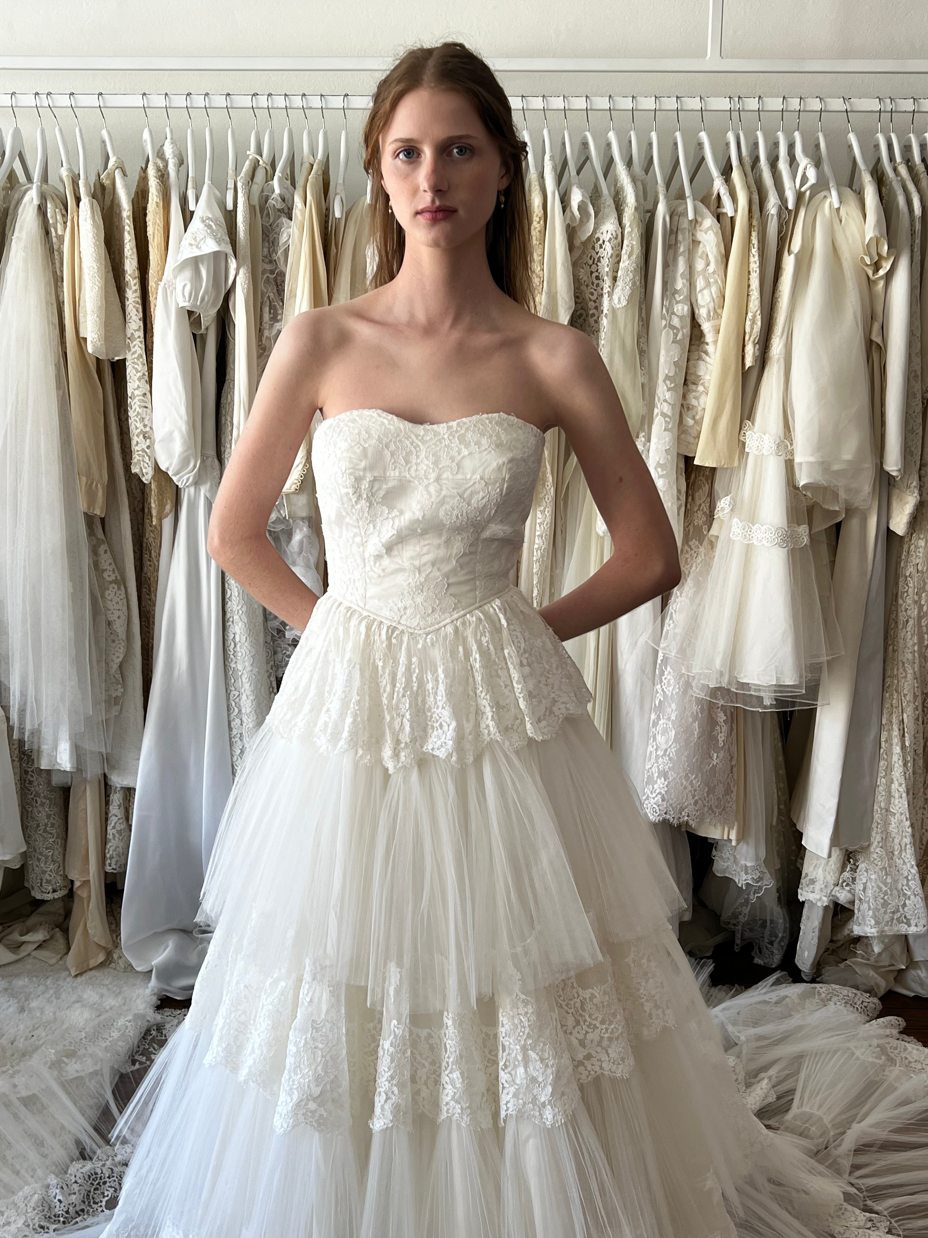 1957 Strapless Tiered Skirt Ballgown