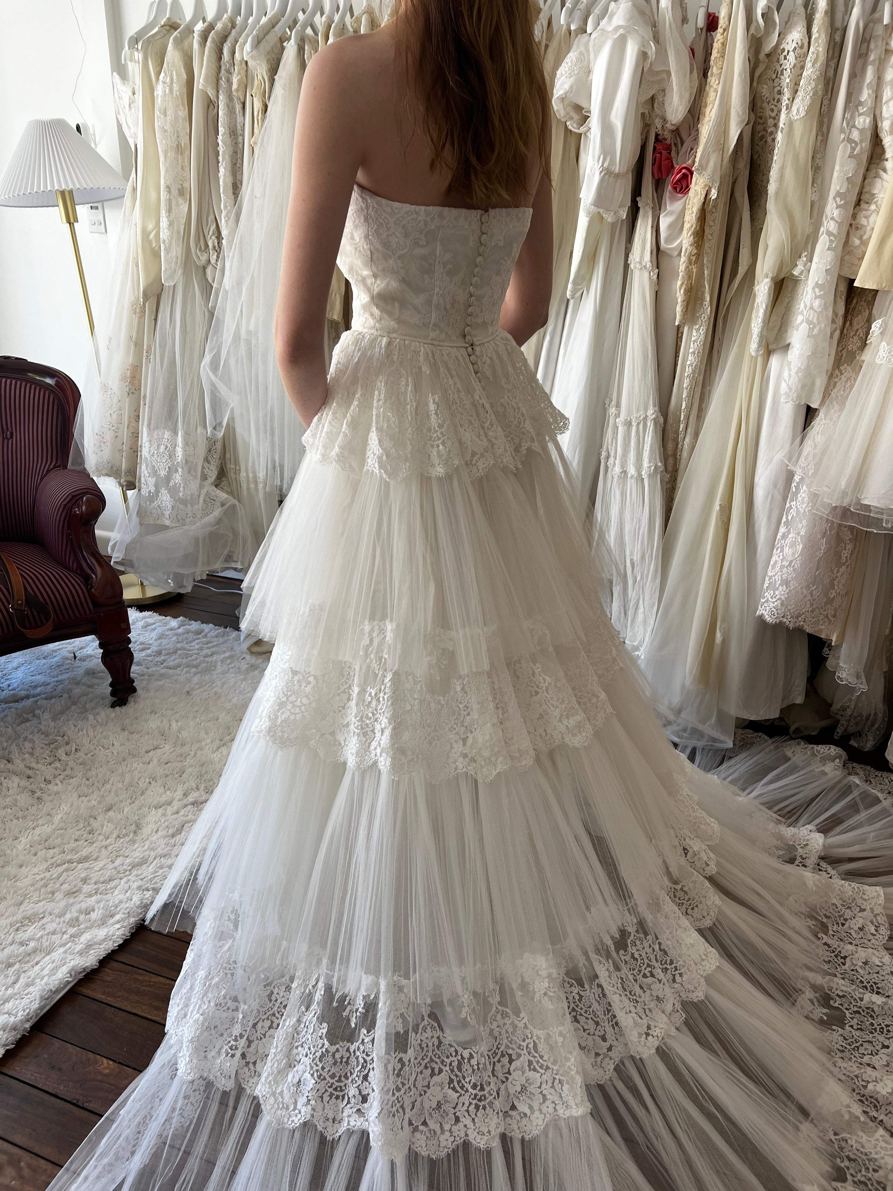 1957 Strapless Tiered Skirt Ballgown