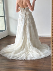 2000s Distressed Floral Detail Strapless Tulle Dress