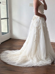 2000s Distressed Floral Detail Strapless Tulle Dress
