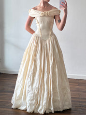 1990 Raw Silk Off-the-shoulder Basque Waist Dress