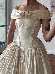 1990 Raw Silk Off-the-shoulder Basque Waist Dress
