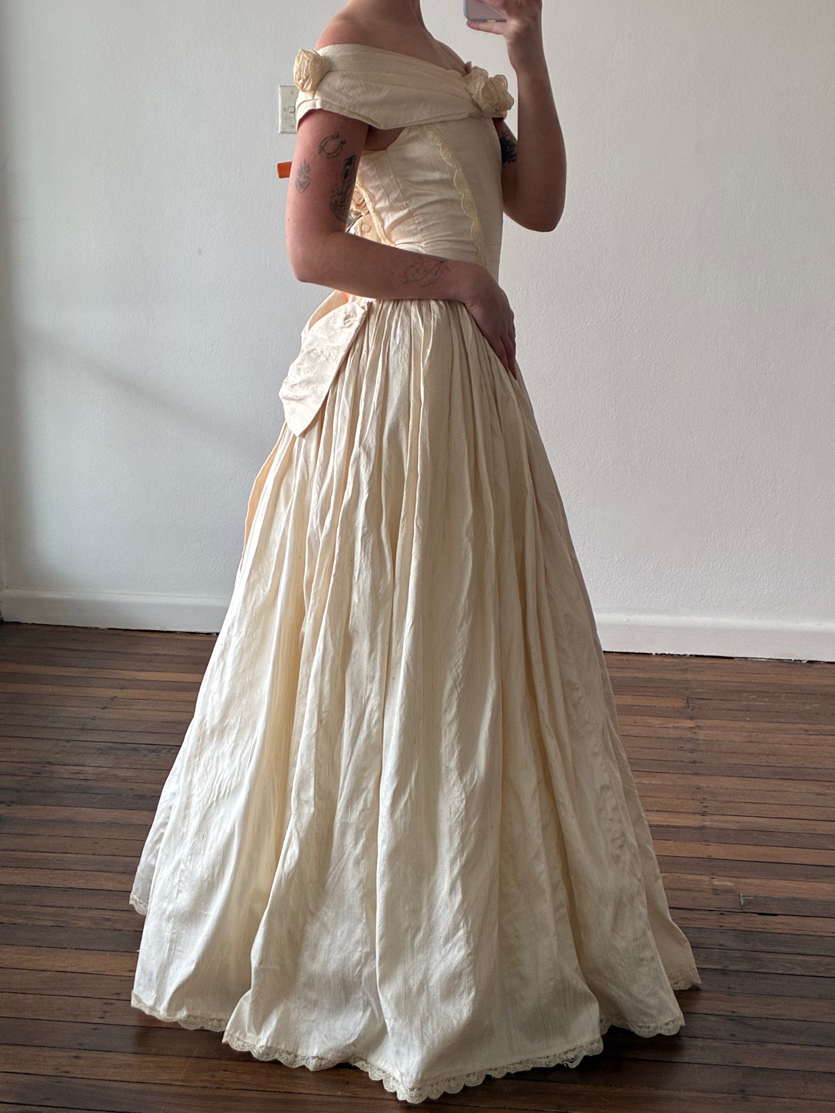 1990 Raw Silk Off-the-shoulder Basque Waist Dress