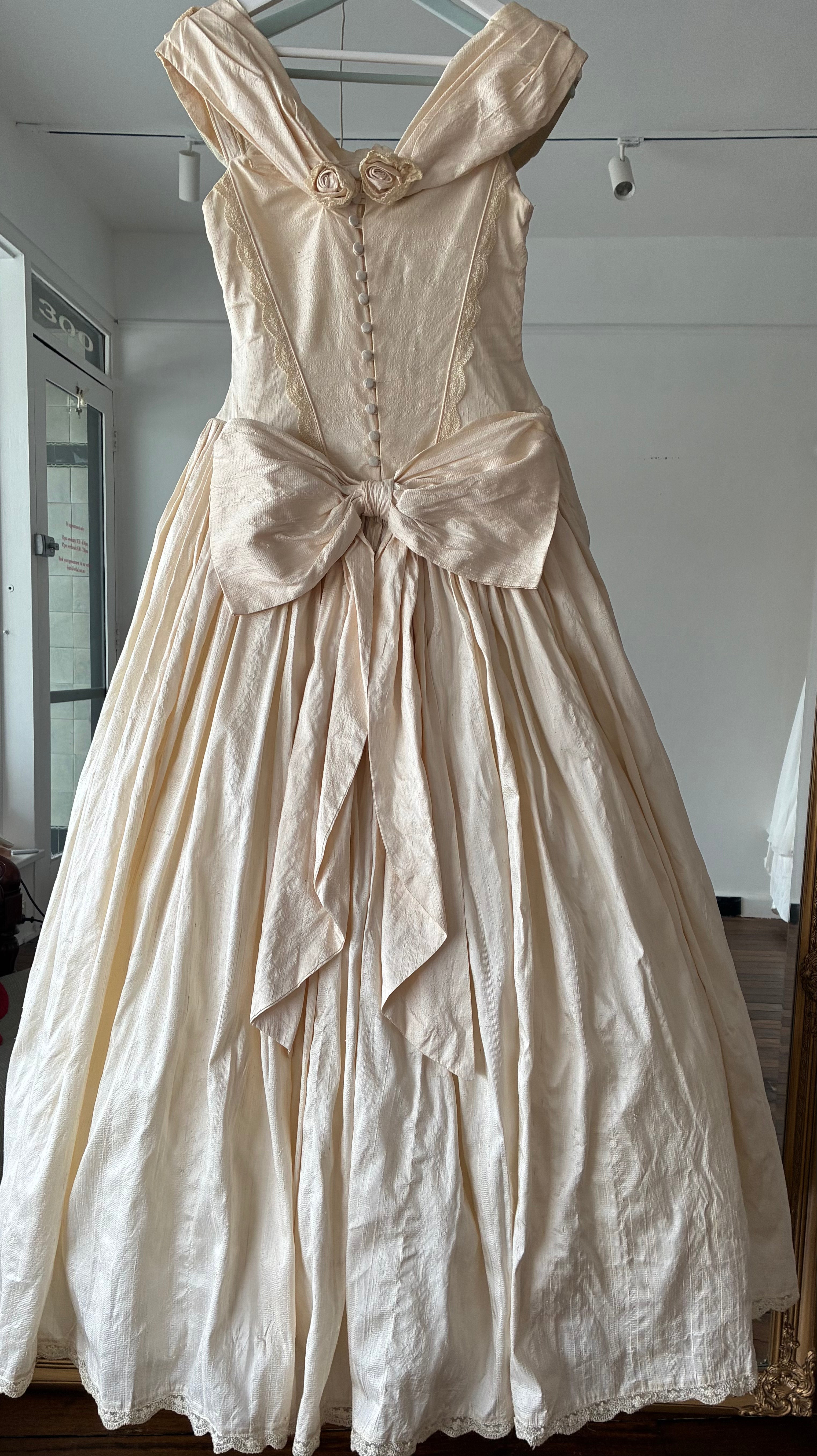 1990 Raw Silk Off-the-shoulder Basque Waist Dress