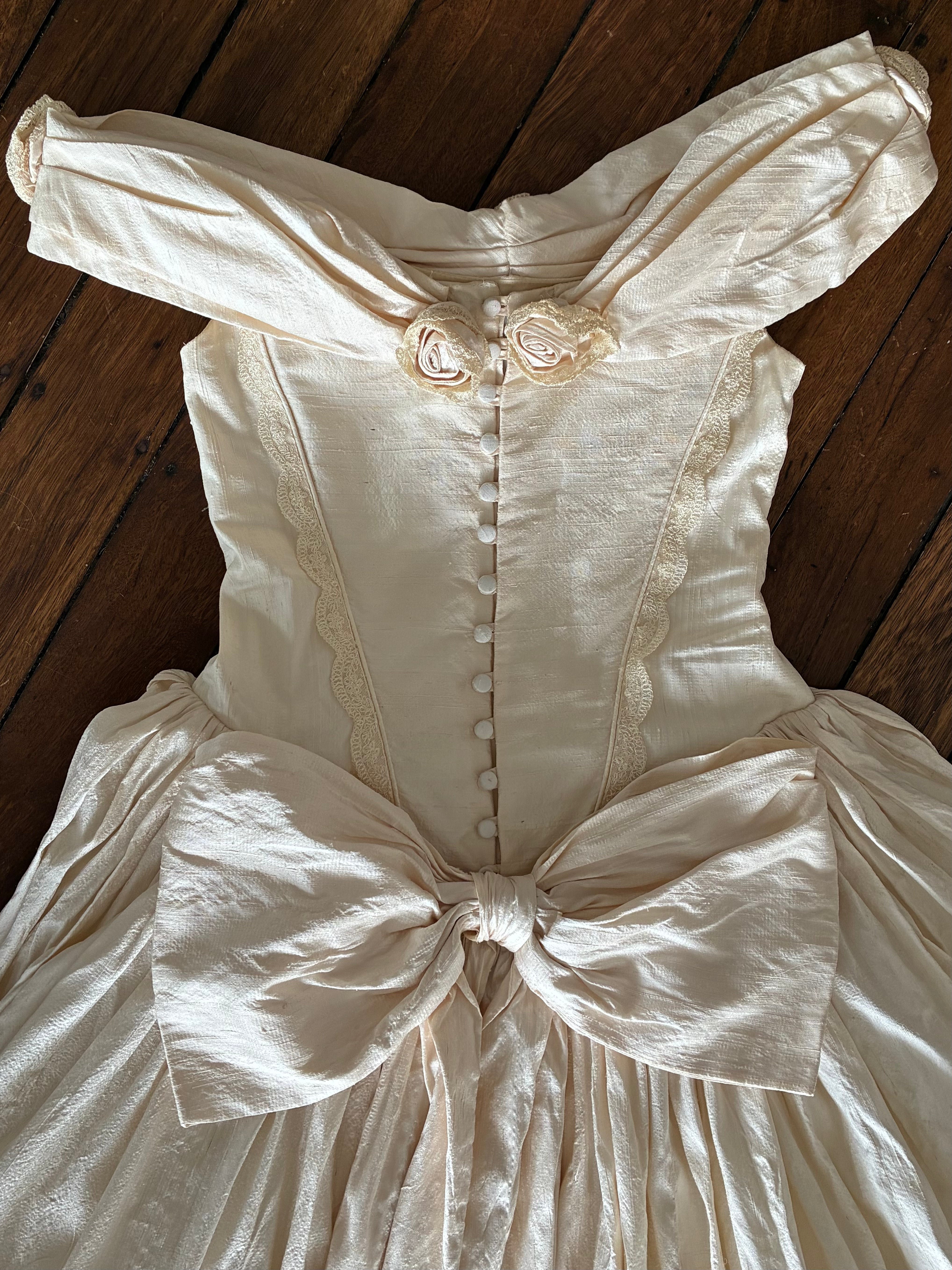1990 Raw Silk Off-the-shoulder Basque Waist Dress