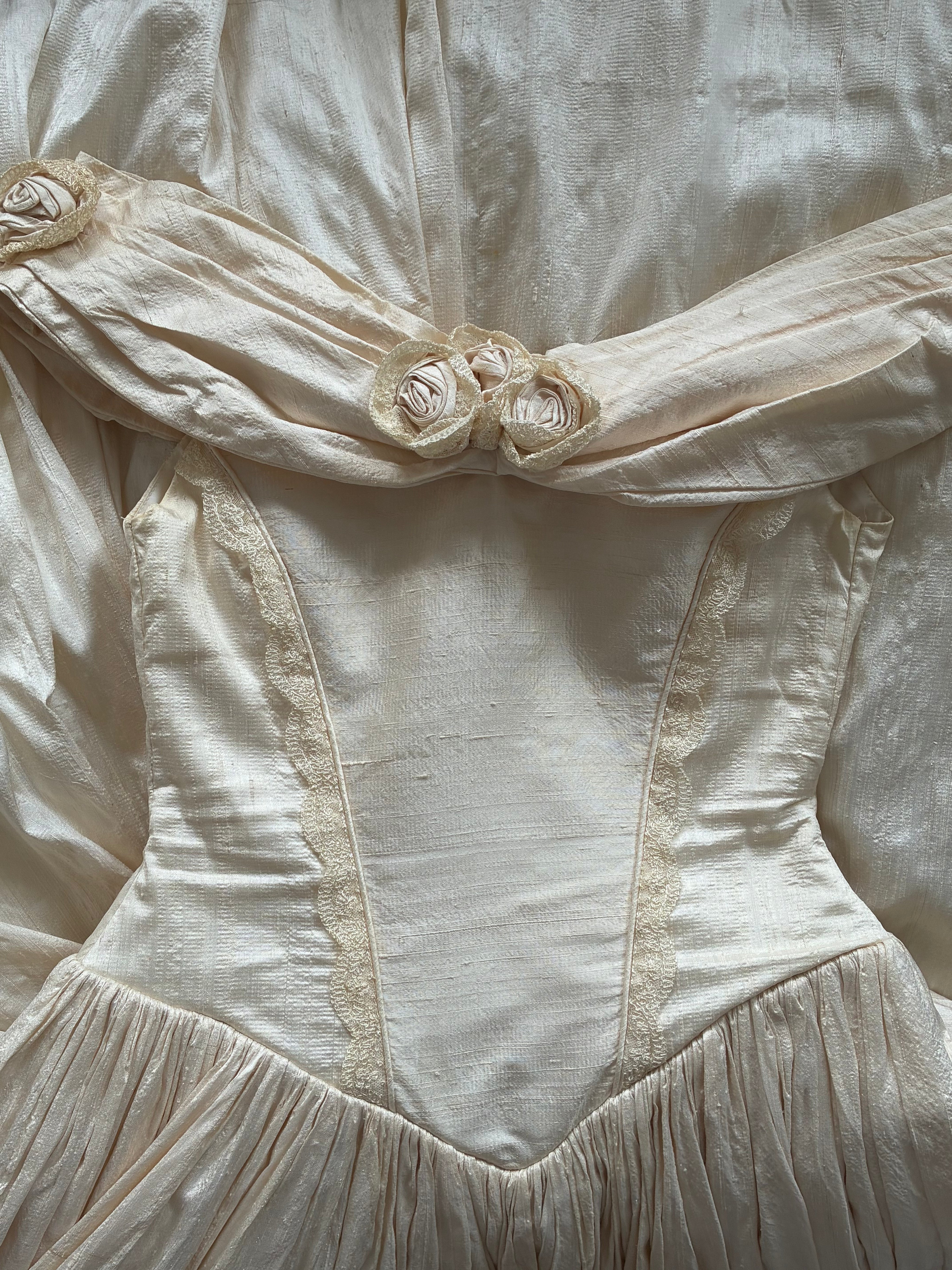 1990 Raw Silk Off-the-shoulder Basque Waist Dress