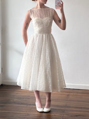 50s Embroidered Organza Mock Boat-neck Tea Length Dress