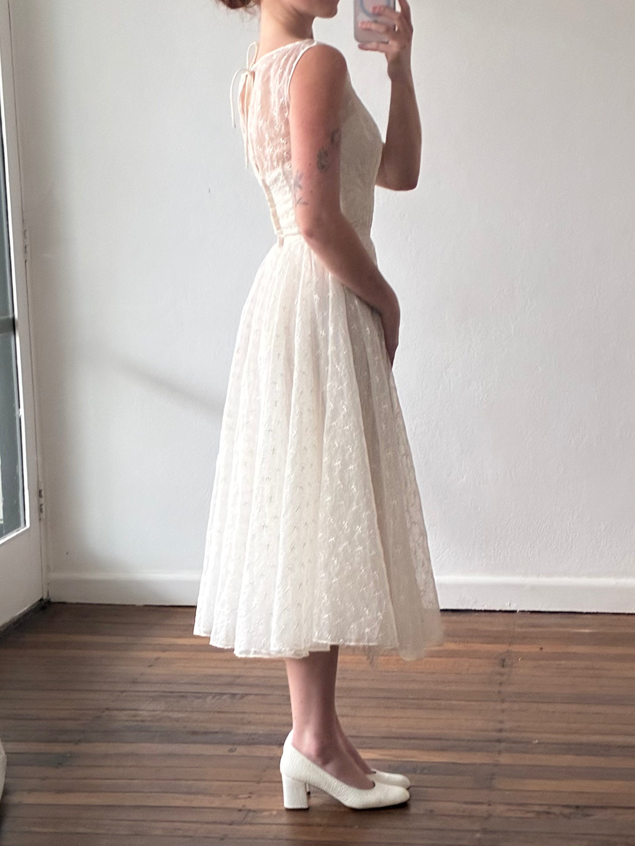 50s Embroidered Organza Mock Boat-neck Tea Length Dress