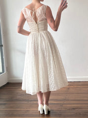 50s Embroidered Organza Mock Boat-neck Tea Length Dress