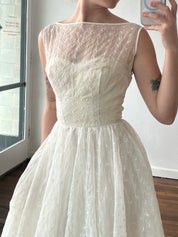 50s Embroidered Organza Mock Boat-neck Tea Length Dress