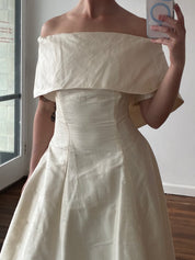 90s Raw Silk Off-the-shoulder Tea Length Dress