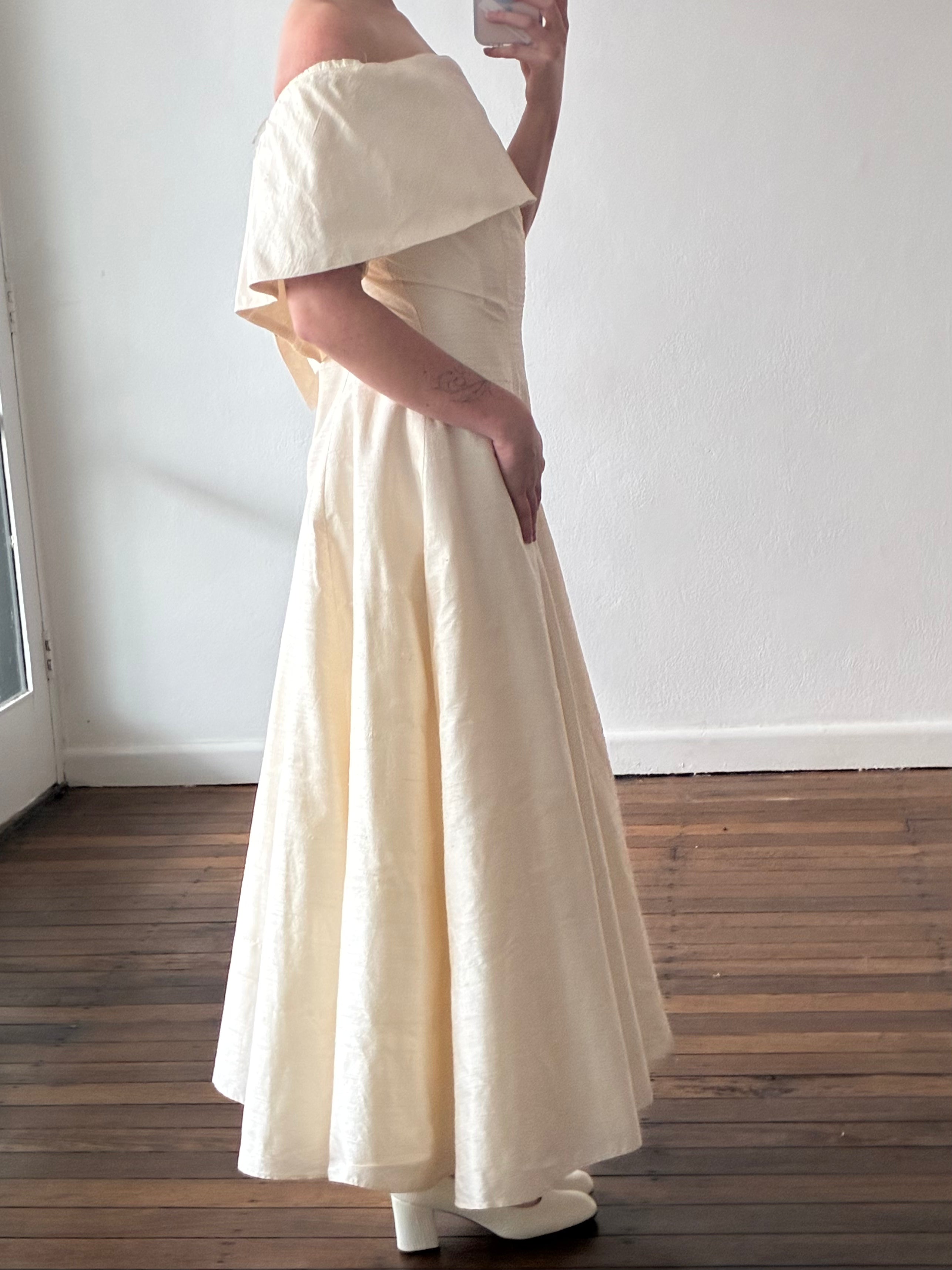 90s Raw Silk Off-the-shoulder Tea Length Dress