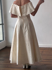 90s Raw Silk Off-the-shoulder Tea Length Dress