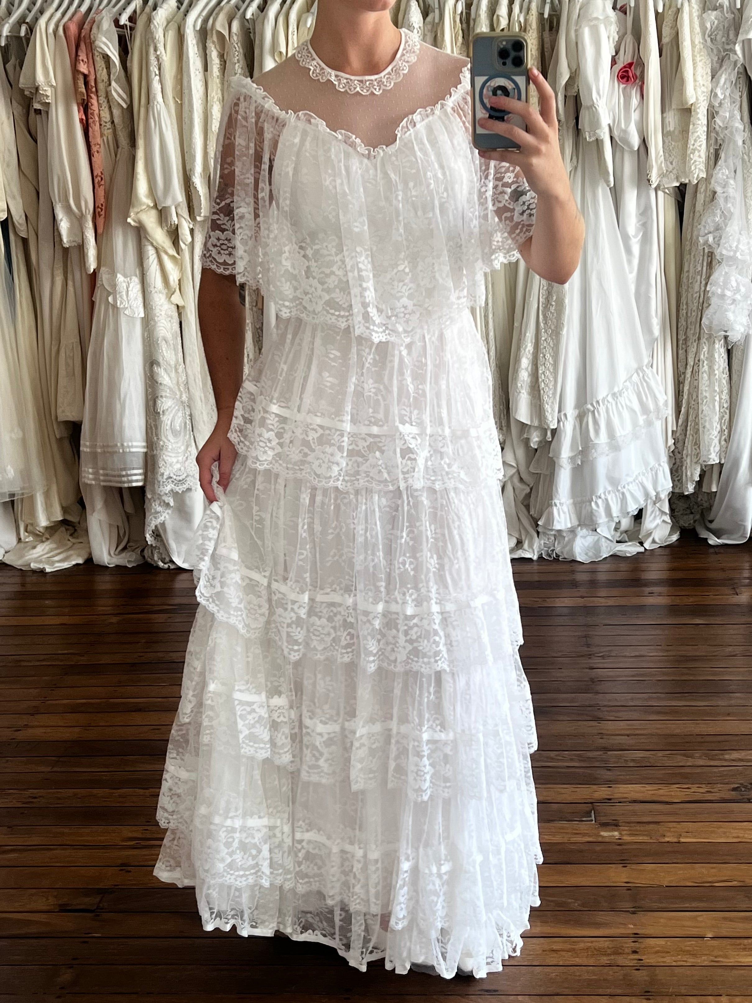 80s Henri Josef Tiered Lace Dress