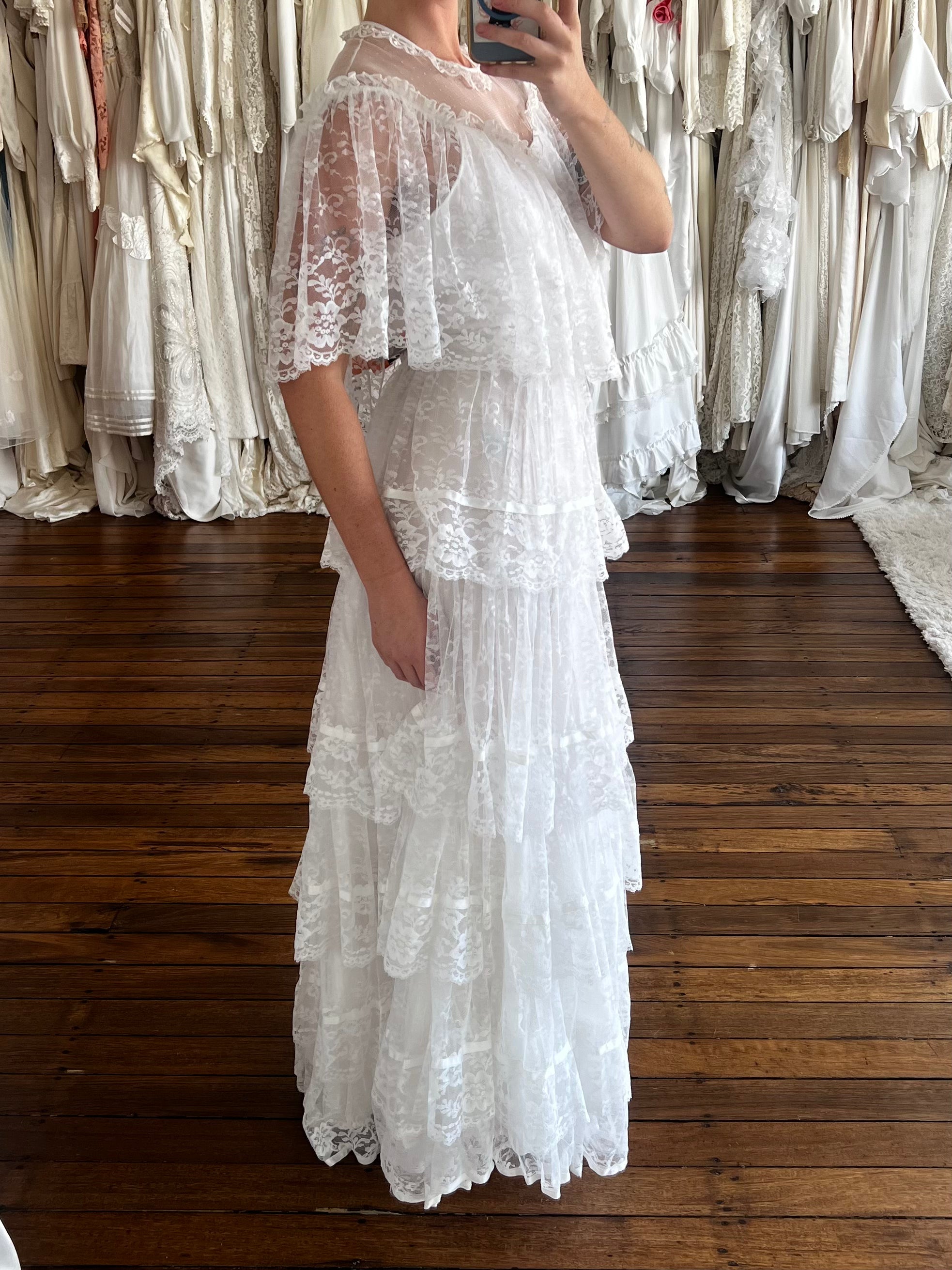 80s Henri Josef Tiered Lace Dress