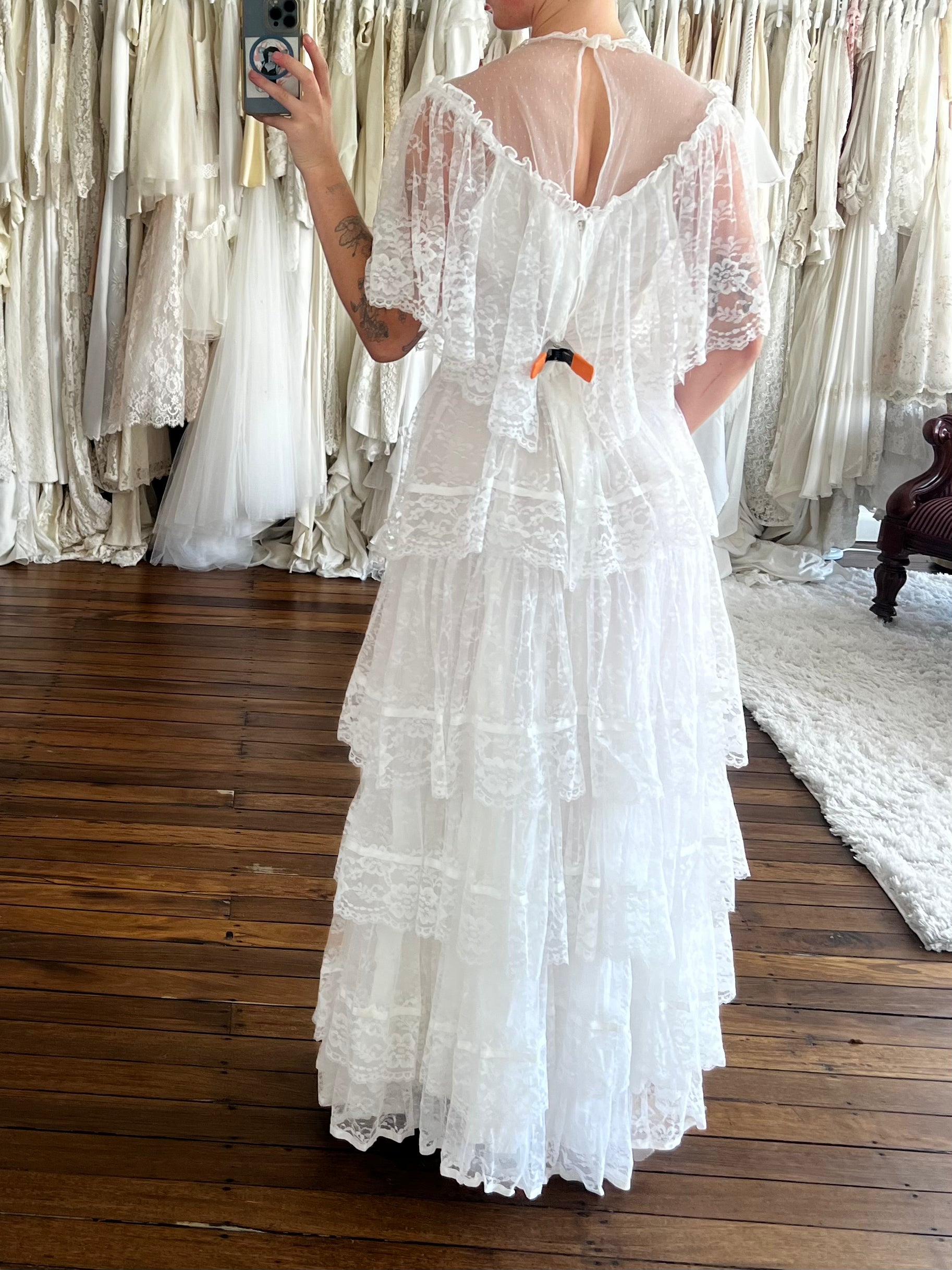 80s Henri Josef Tiered Lace Dress