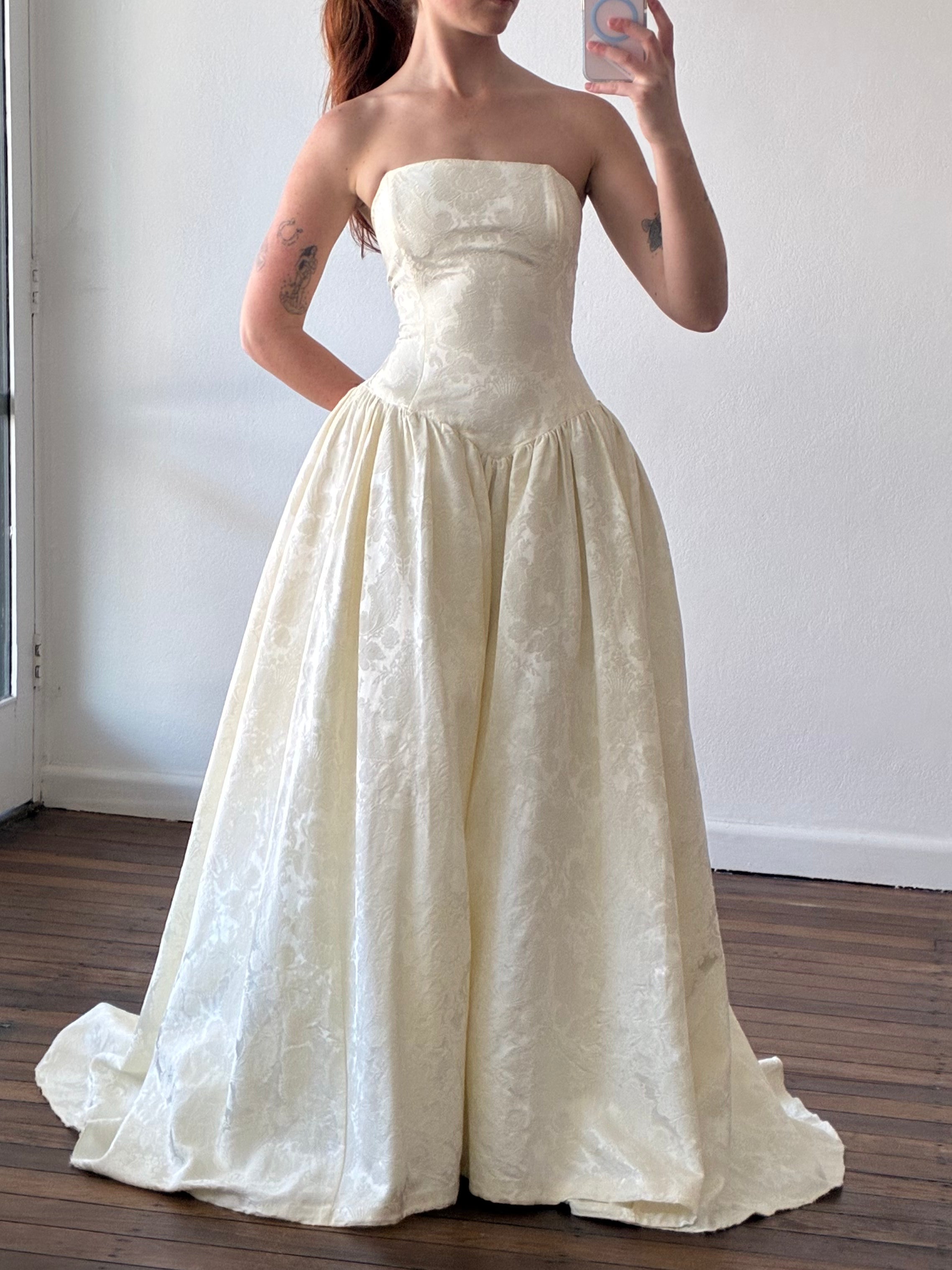 90s Strapless Drop Basque Waist Jacquard Dress