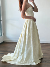 90s Strapless Drop Basque Waist Jacquard Dress