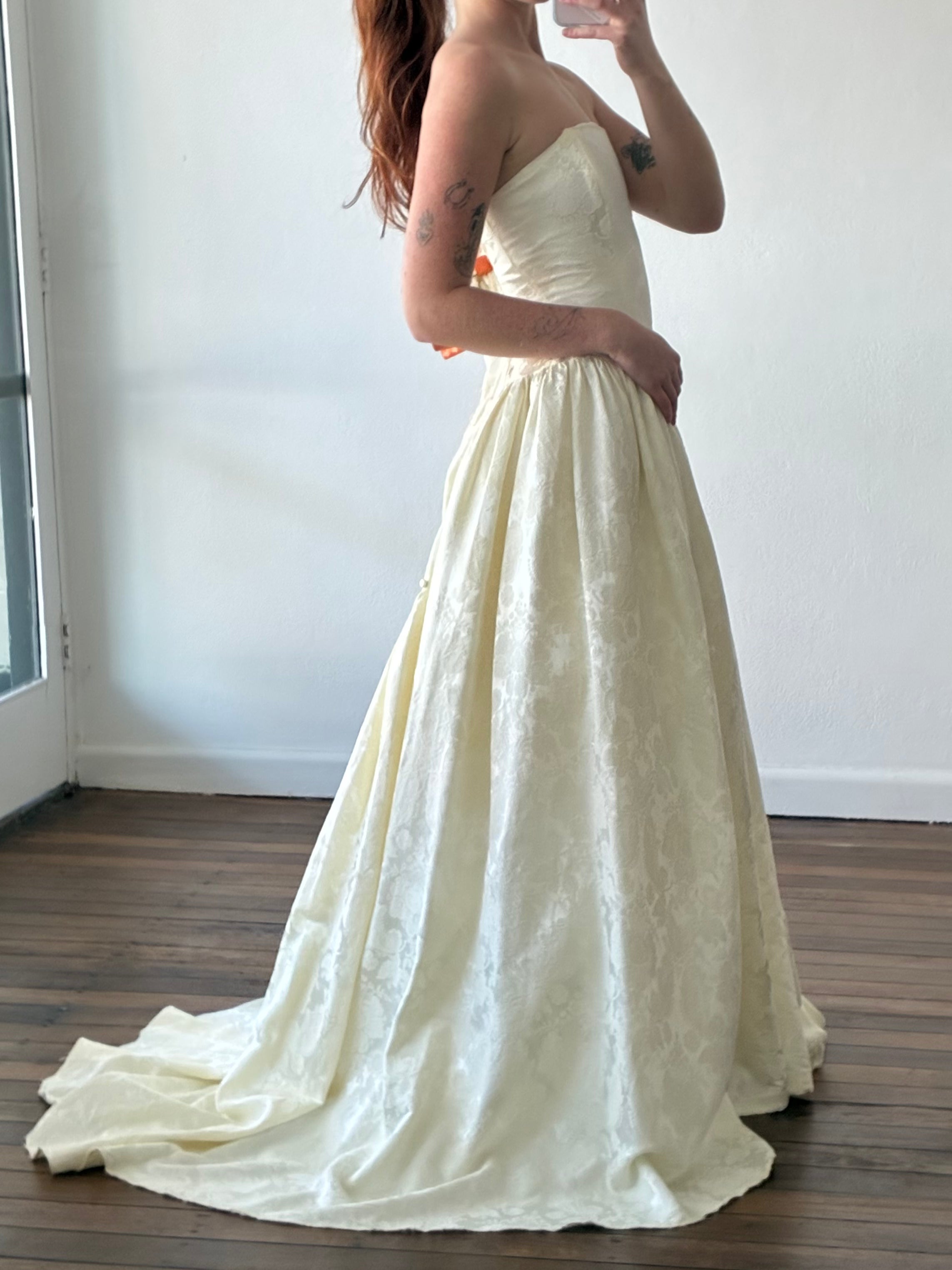 90s Strapless Drop Basque Waist Jacquard Dress