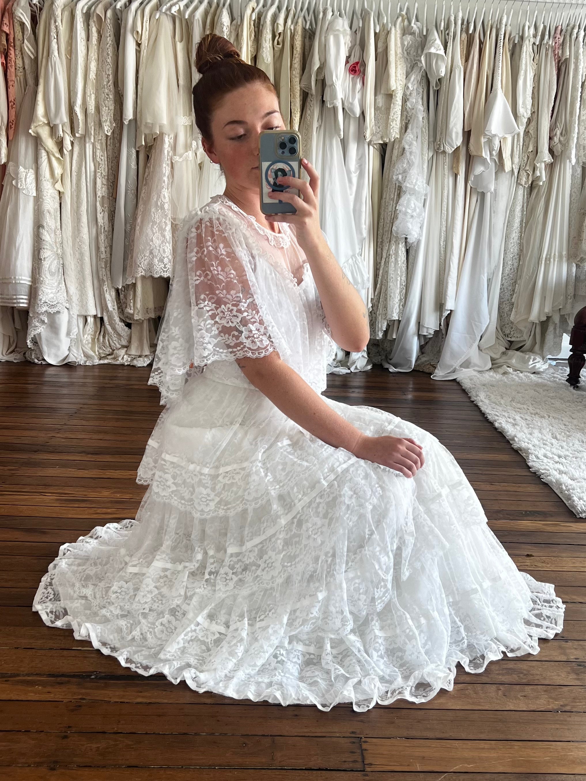 80s Henri Josef Tiered Lace Dress