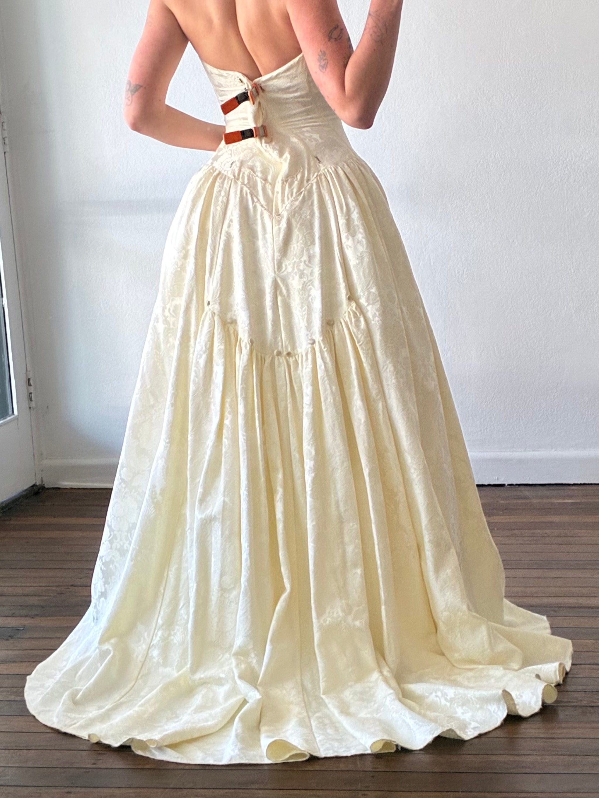90s Strapless Drop Basque Waist Jacquard Dress