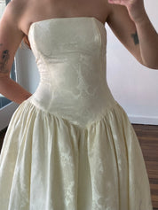 90s Strapless Drop Basque Waist Jacquard Dress
