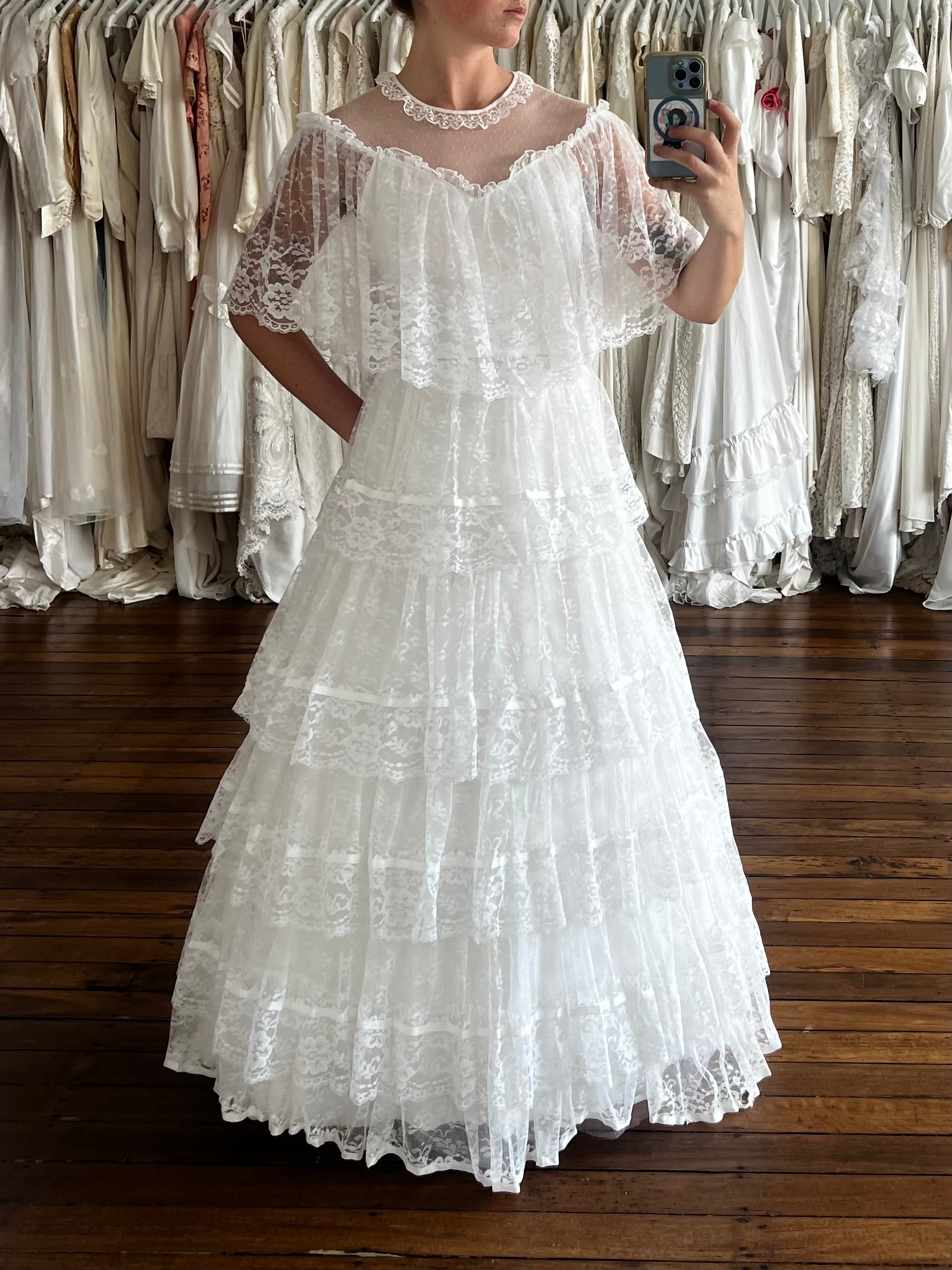 80s Henri Josef Tiered Lace Dress