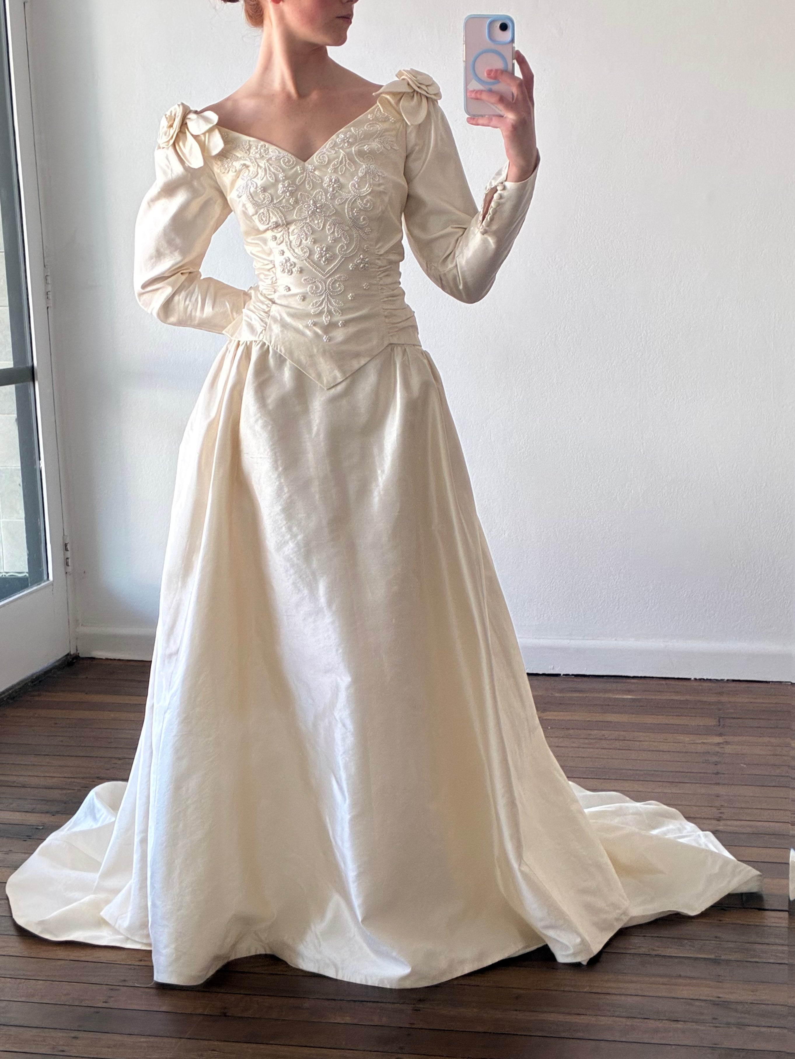 90s Silk Rosette and Pearl Detail Gathered Basque Waist Dress