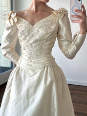 90s Silk Rosette and Pearl Detail Gathered Basque Waist Dress