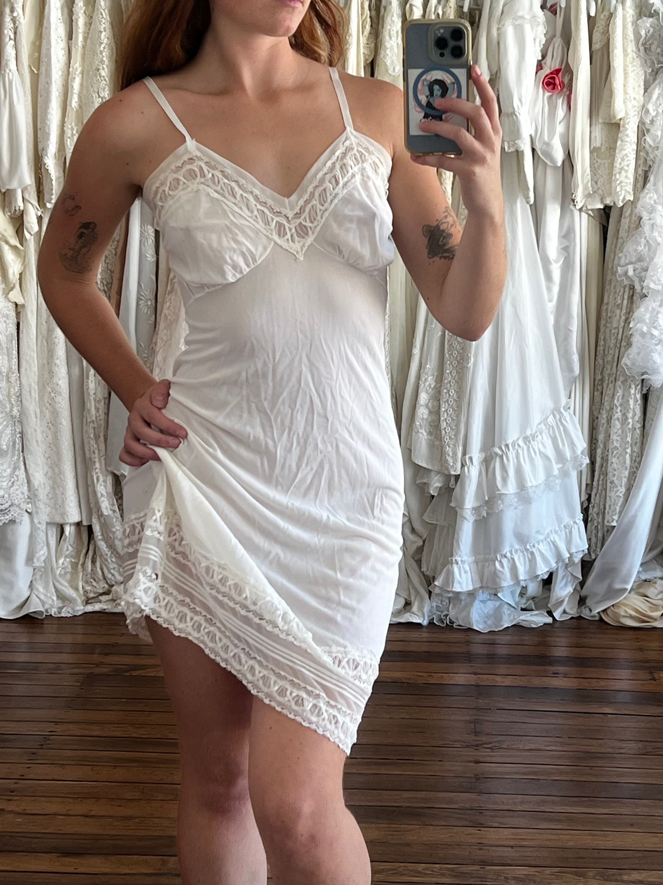80s Intricate Lace Detail Lingerie Midi Dress