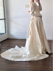 90s Silk Rosette and Pearl Detail Gathered Basque Waist Dress