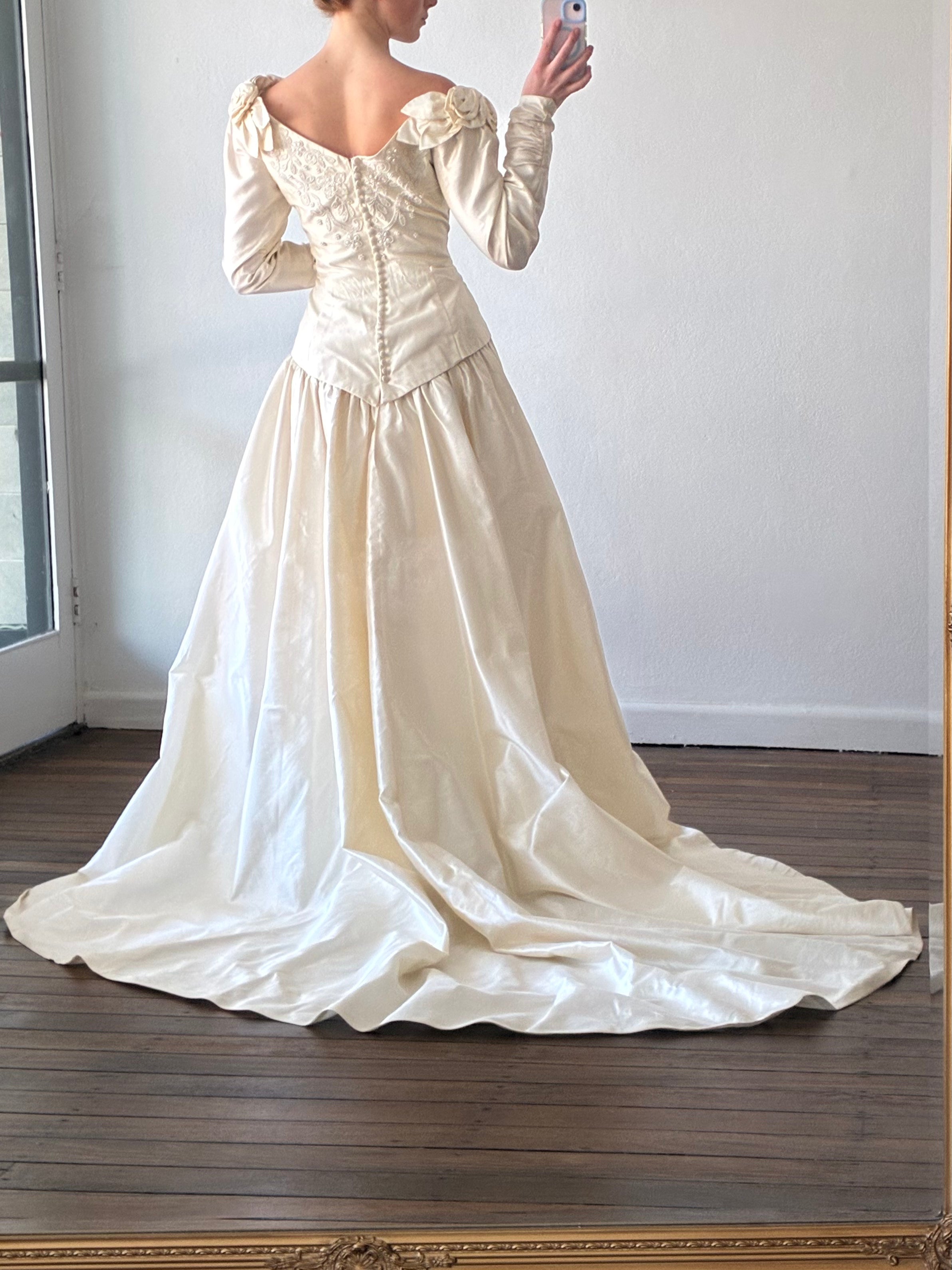 90s Silk Rosette and Pearl Detail Gathered Basque Waist Dress