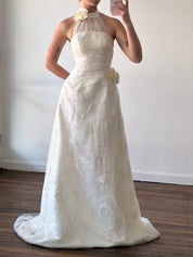 2000s Asymmetrical Lace Mock Halter Neck 3D Rosette Detail Dress