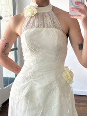 2000s Asymmetrical Lace Mock Halter Neck 3D Rosette Detail Dress