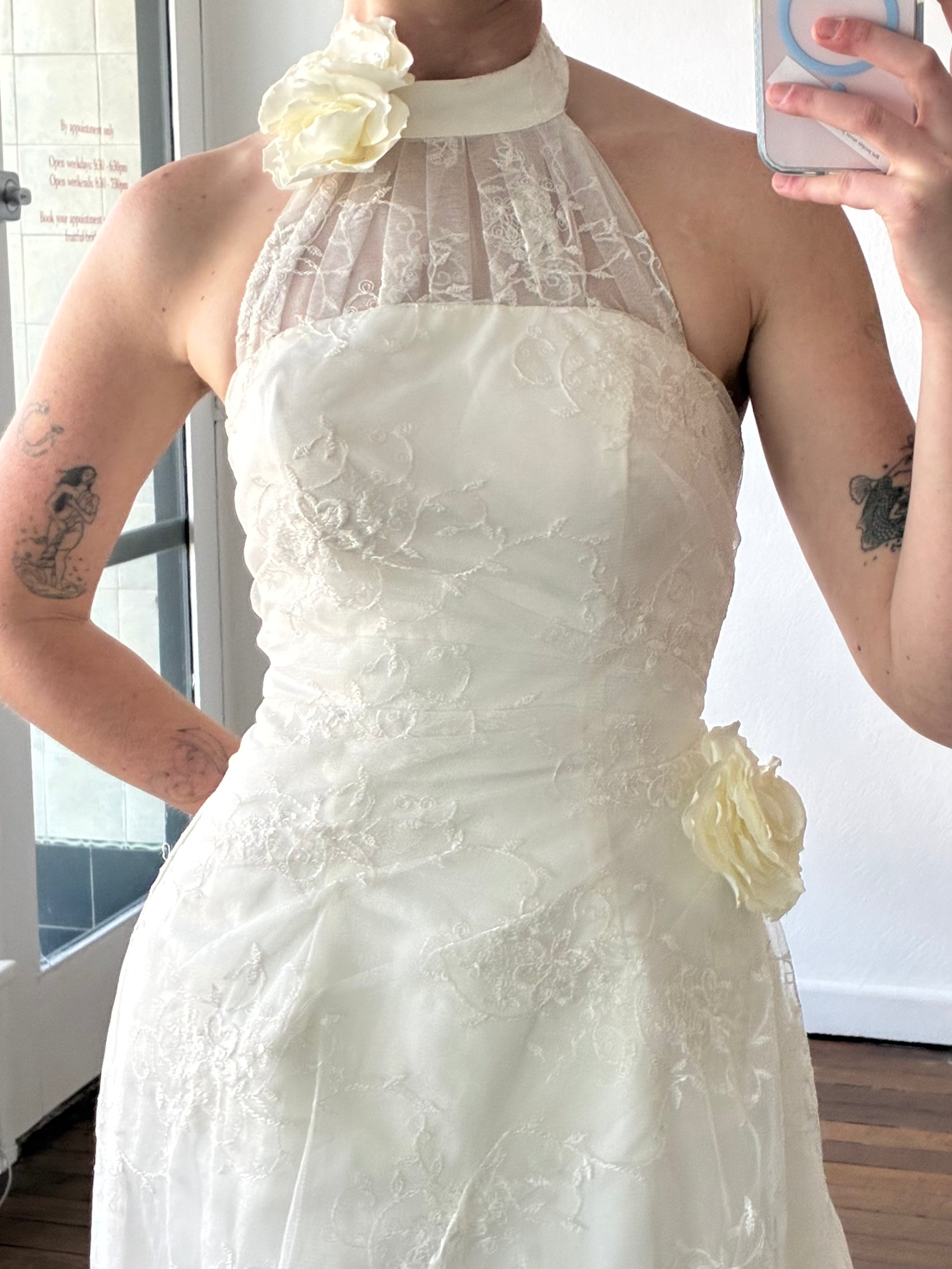 2000s Asymmetrical Lace Mock Halter Neck 3D Rosette Detail Dress