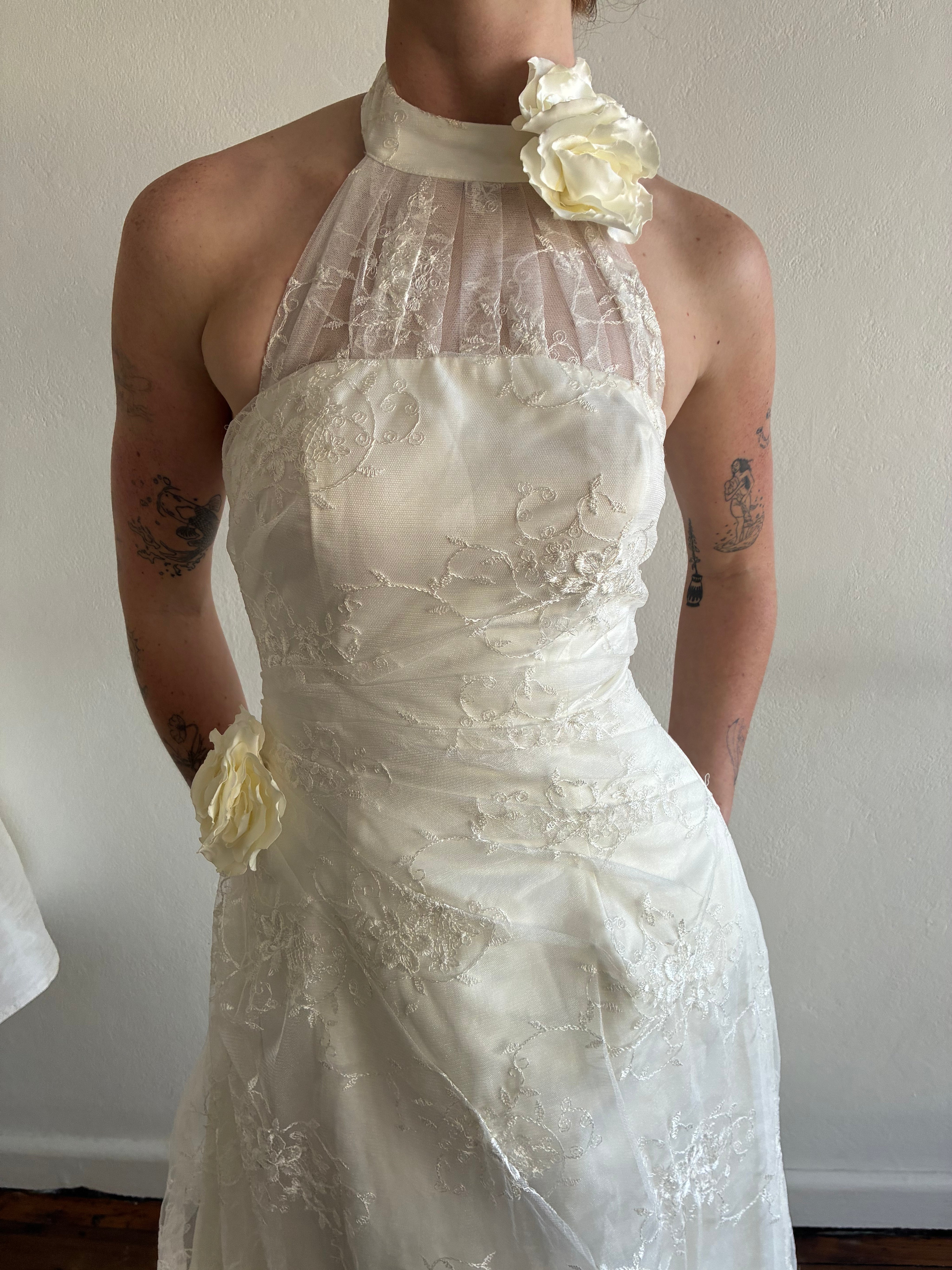 2000s Asymmetrical Lace Mock Halter Neck 3D Rosette Detail Dress