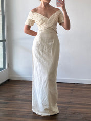 90s Raw Silk Off-the-shoulder Pleated Pearl Detail Bodice with Detachable Train