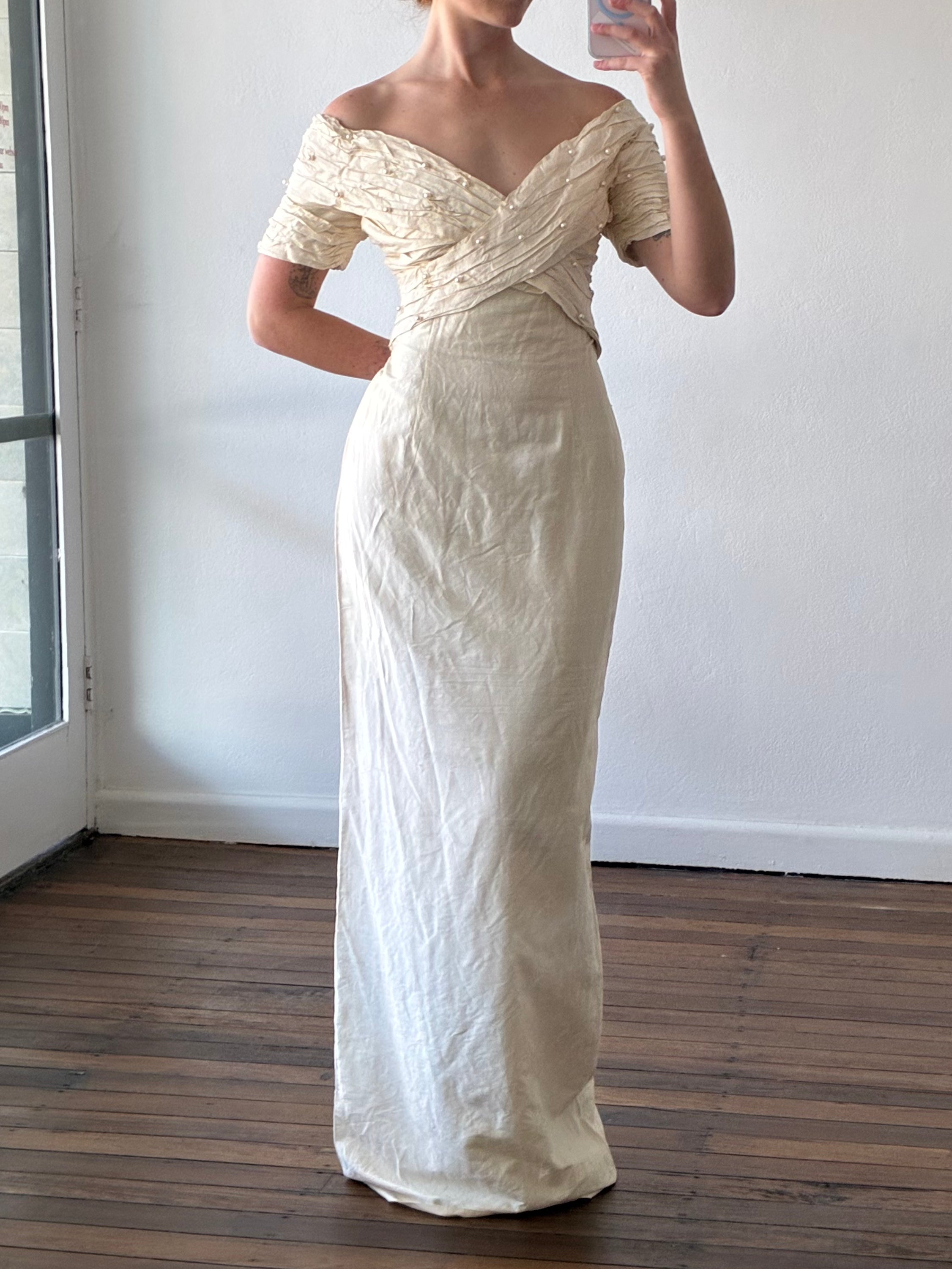 90s Raw Silk Off-the-shoulder Pleated Pearl Detail Bodice with Detachable Train