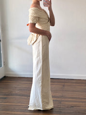 90s Raw Silk Off-the-shoulder Pleated Pearl Detail Bodice with Detachable Train