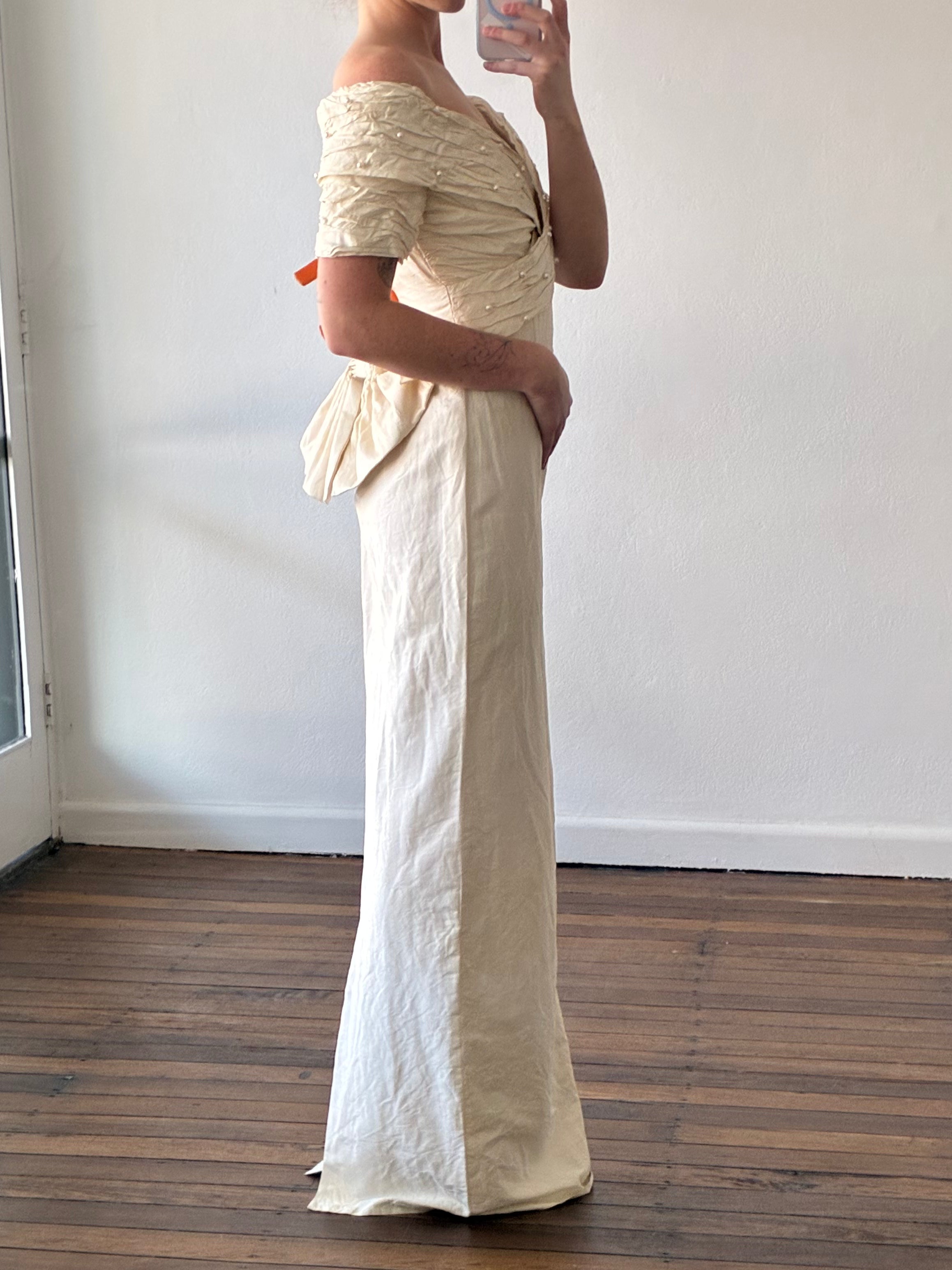 90s Raw Silk Off-the-shoulder Pleated Pearl Detail Bodice with Detachable Train